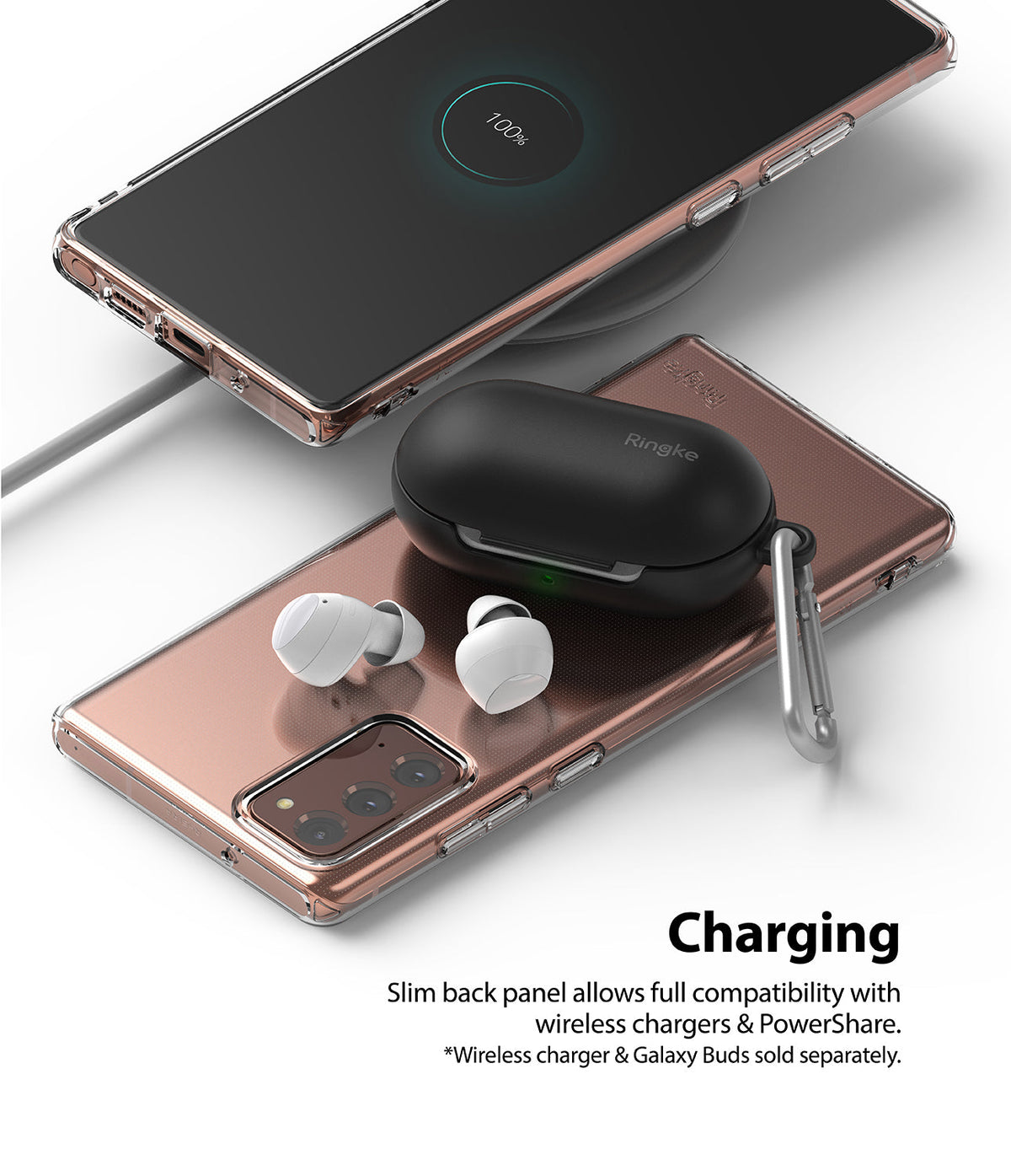Galaxy Note 20 Case | Air - A phone in a clear case wirelessly charging earbuds placed on its back panel.