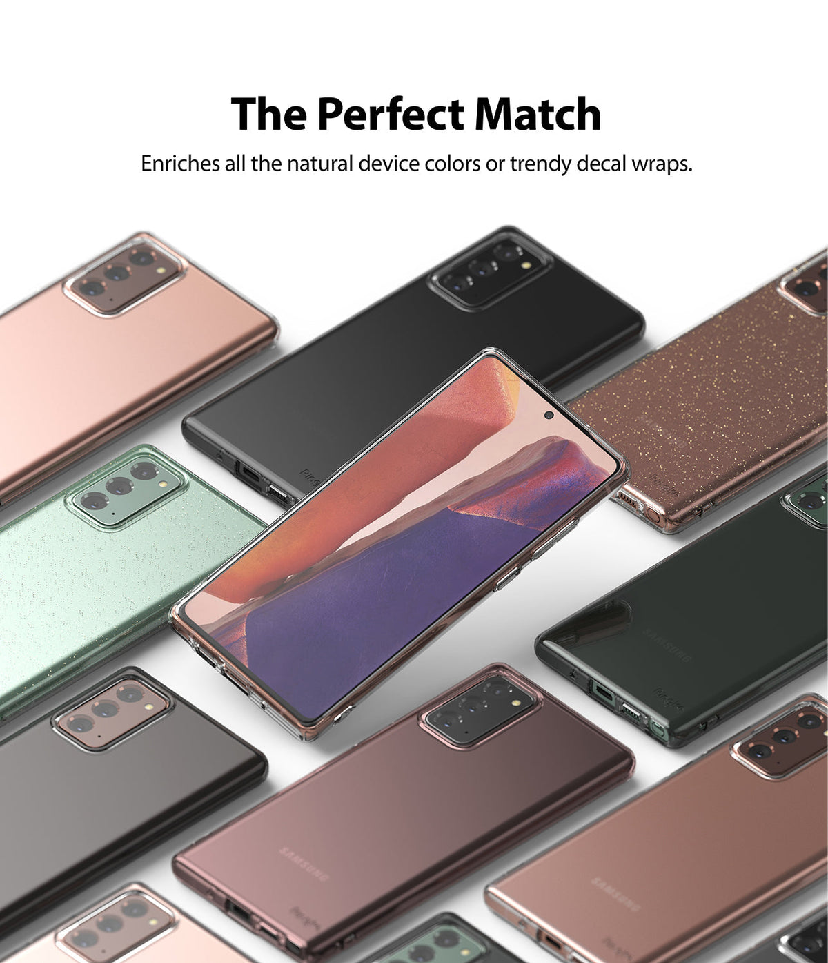 Galaxy Note 20 Case | Air - Multiple Galaxy Note 20 phones in various colors and finishes, all protected by clear Air cases.