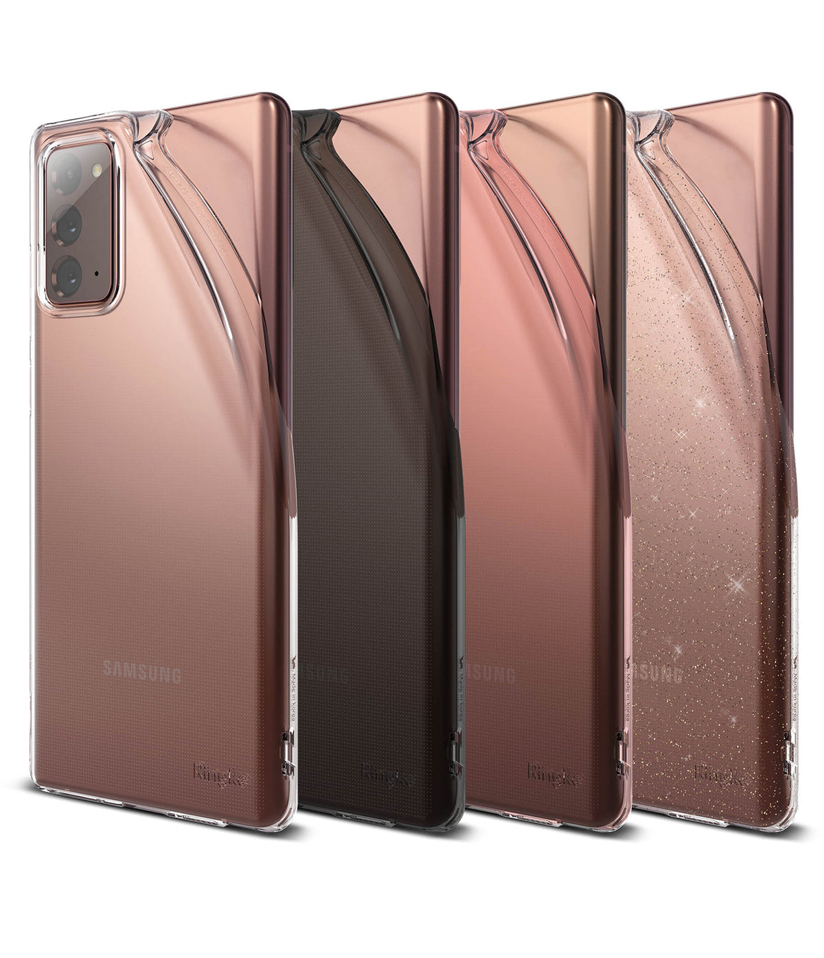 Galaxy Note 20 Case | Air - Four transparent Galaxy Note 20 cases in rose gold, black, bronze, and glitter finishes.
