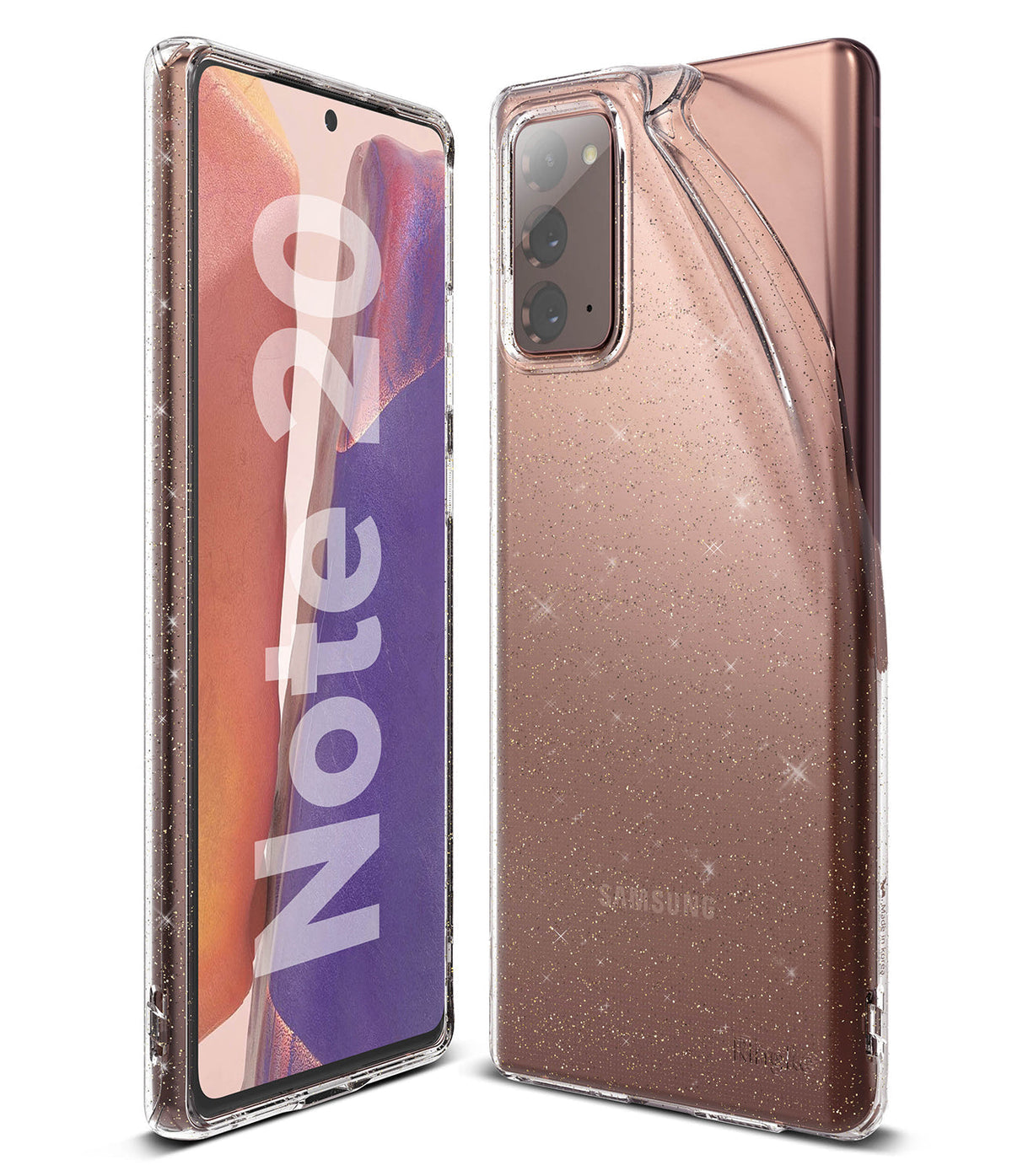 Galaxy Note 20 Case | Air - Clear, glittery phone case on a bronze Samsung Galaxy Note 20, shown from front and back.