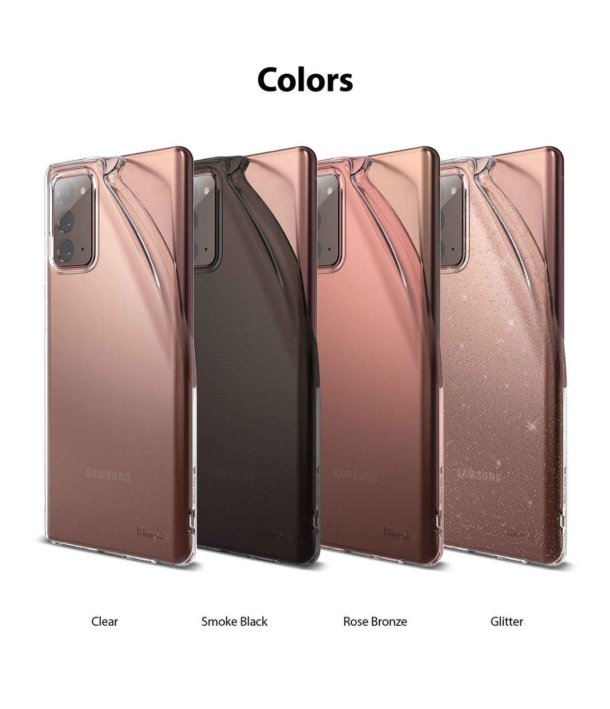 Galaxy Note 20 Case | Air - Four Galaxy Note 20 cases in clear, smoke black, rose bronze, and glitter finishes.