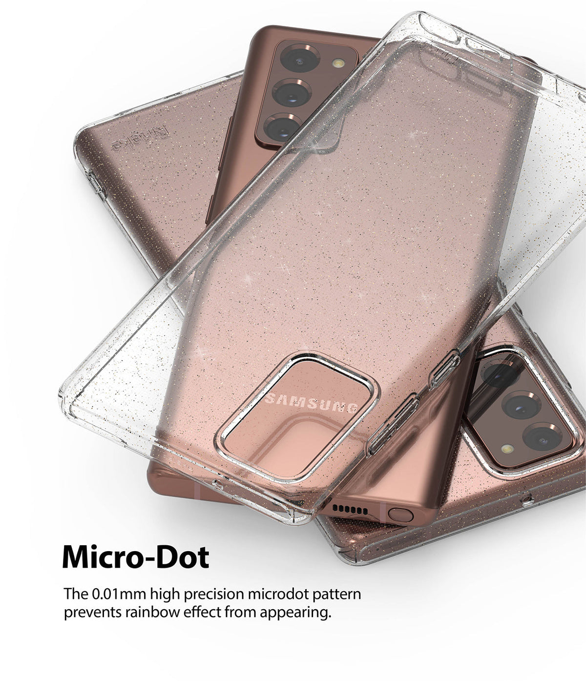 Galaxy Note 20 Case | Air - Clear glitter phone case overlaying a bronze Galaxy Note 20 smartphone.