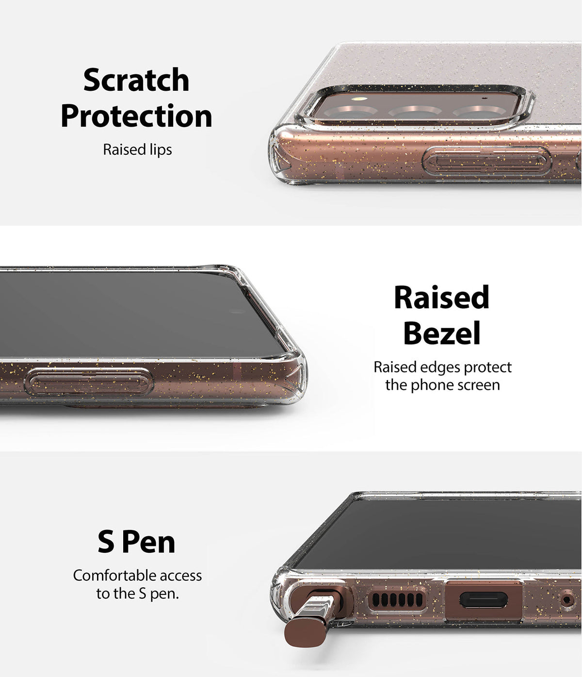 Galaxy Note 20 Case | Air - Three close-ups showing raised camera lips, screen bezel protection, and S Pen access.
