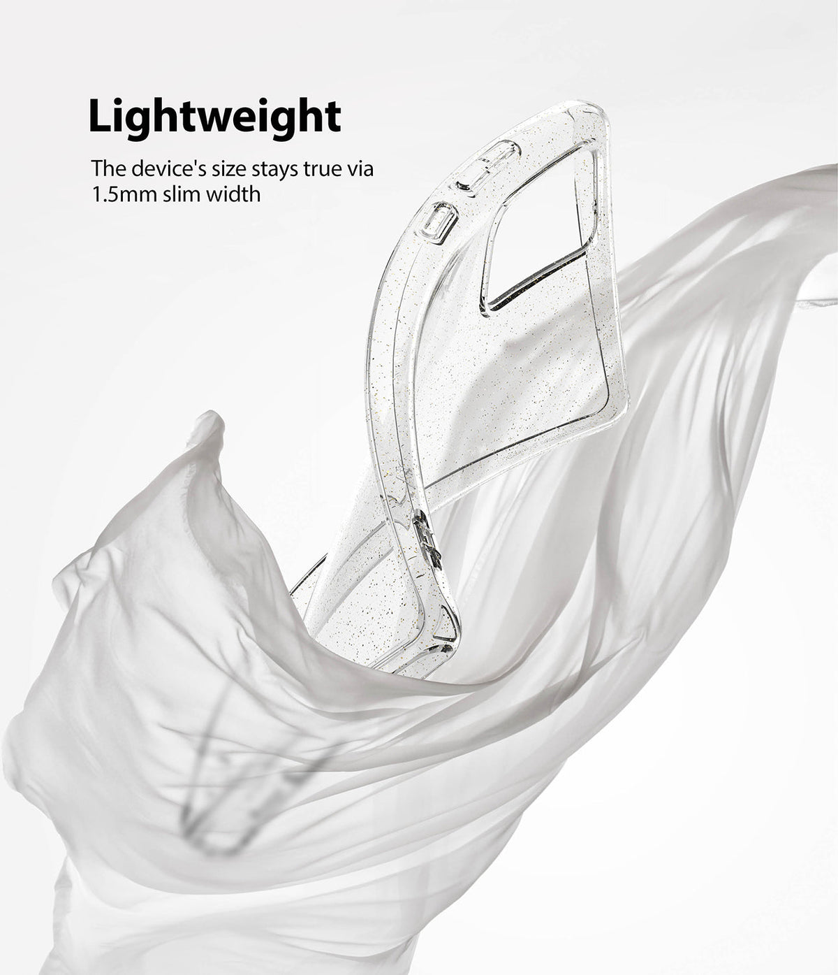 Galaxy Note 20 Case | Air - Clear, glittery phone case wrapped in flowing white fabric against a white background.