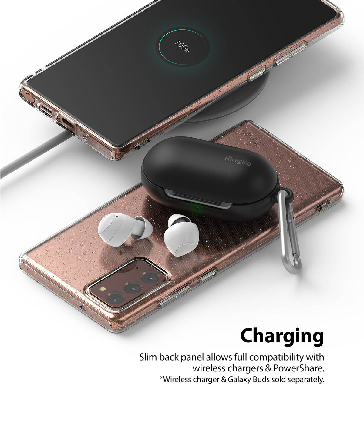 Galaxy Note 20 Case | Air - A glittery phone case on a wireless charger, powering black earbuds via reverse charging.