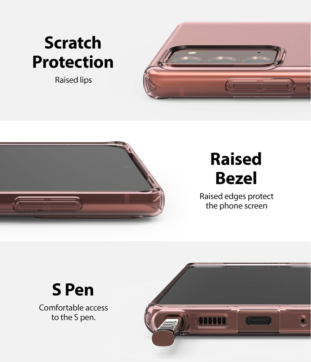 Galaxy Note 20 Case | Air - Close-ups showing raised camera lips, screen-protecting bezels, and easy S Pen access.
