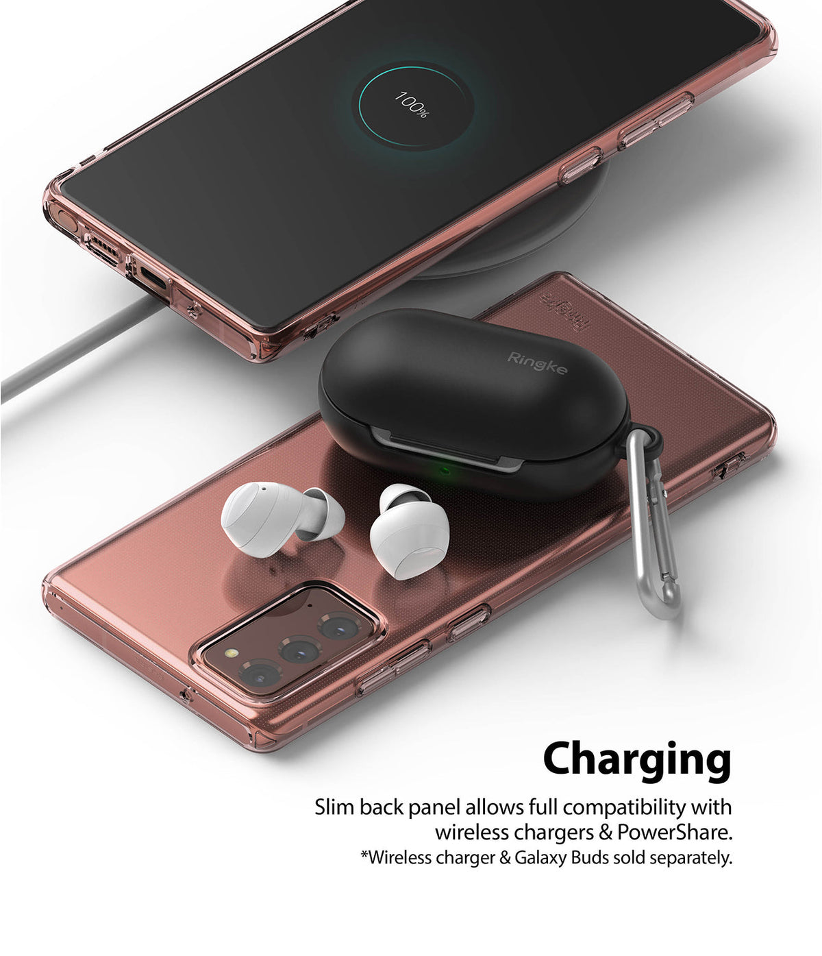 Galaxy Note 20 Case | Air - A phone in a clear case wirelessly charging earbuds placed on its back panel.