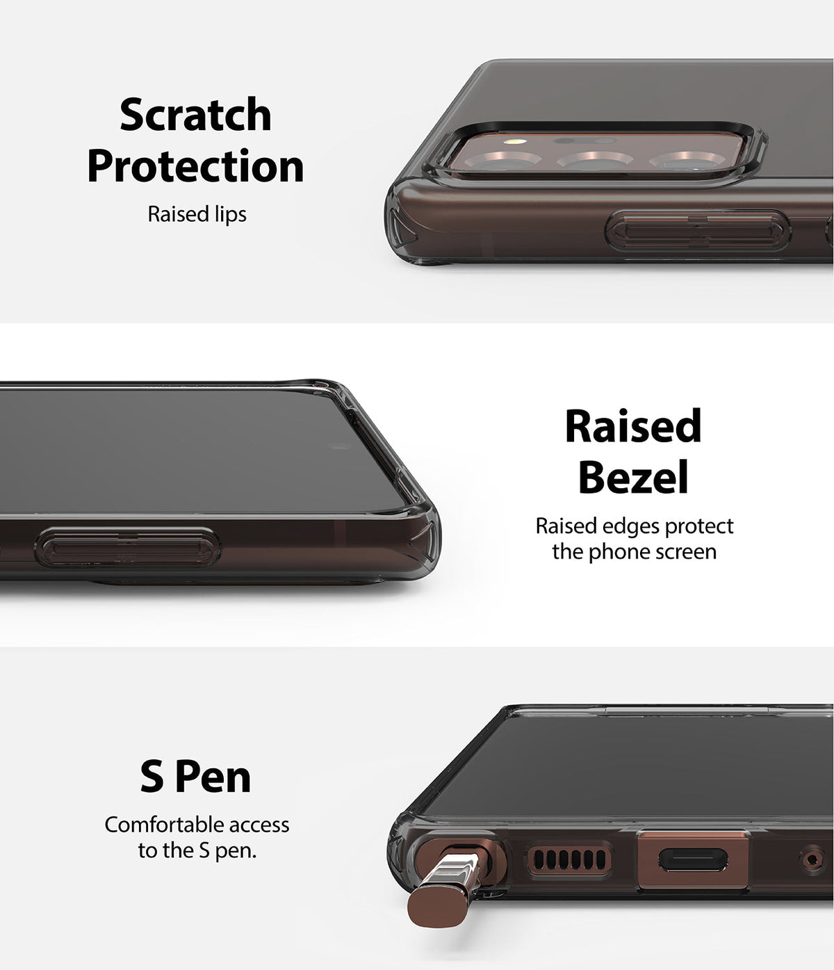 Galaxy Note 20 Case | Air - Close-ups showing raised camera protection, screen bezel, and easy S Pen access on a clear phone case.