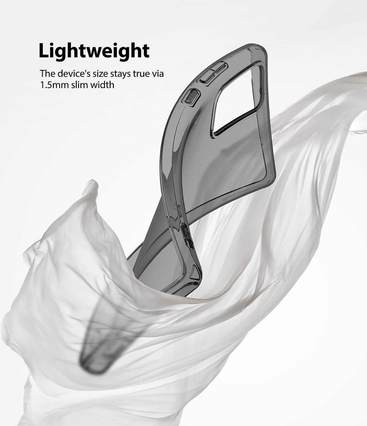 Galaxy Note 20 Case | Air - A slim, translucent gray phone case floating amidst flowing white fabric.