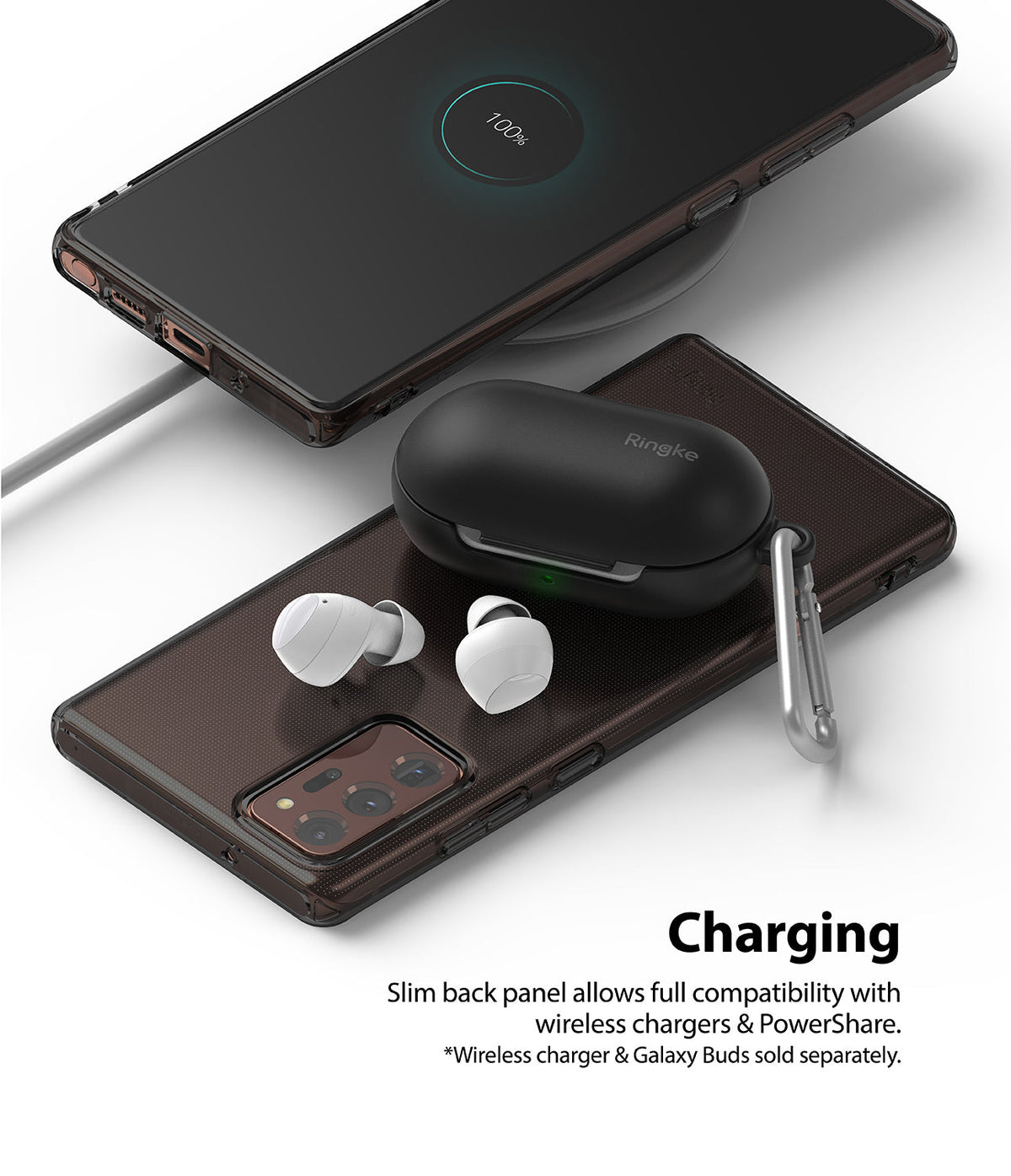Galaxy Note 20 Case | Air - A smartphone in a clear case charging wirelessly while powering white earbuds on its back.