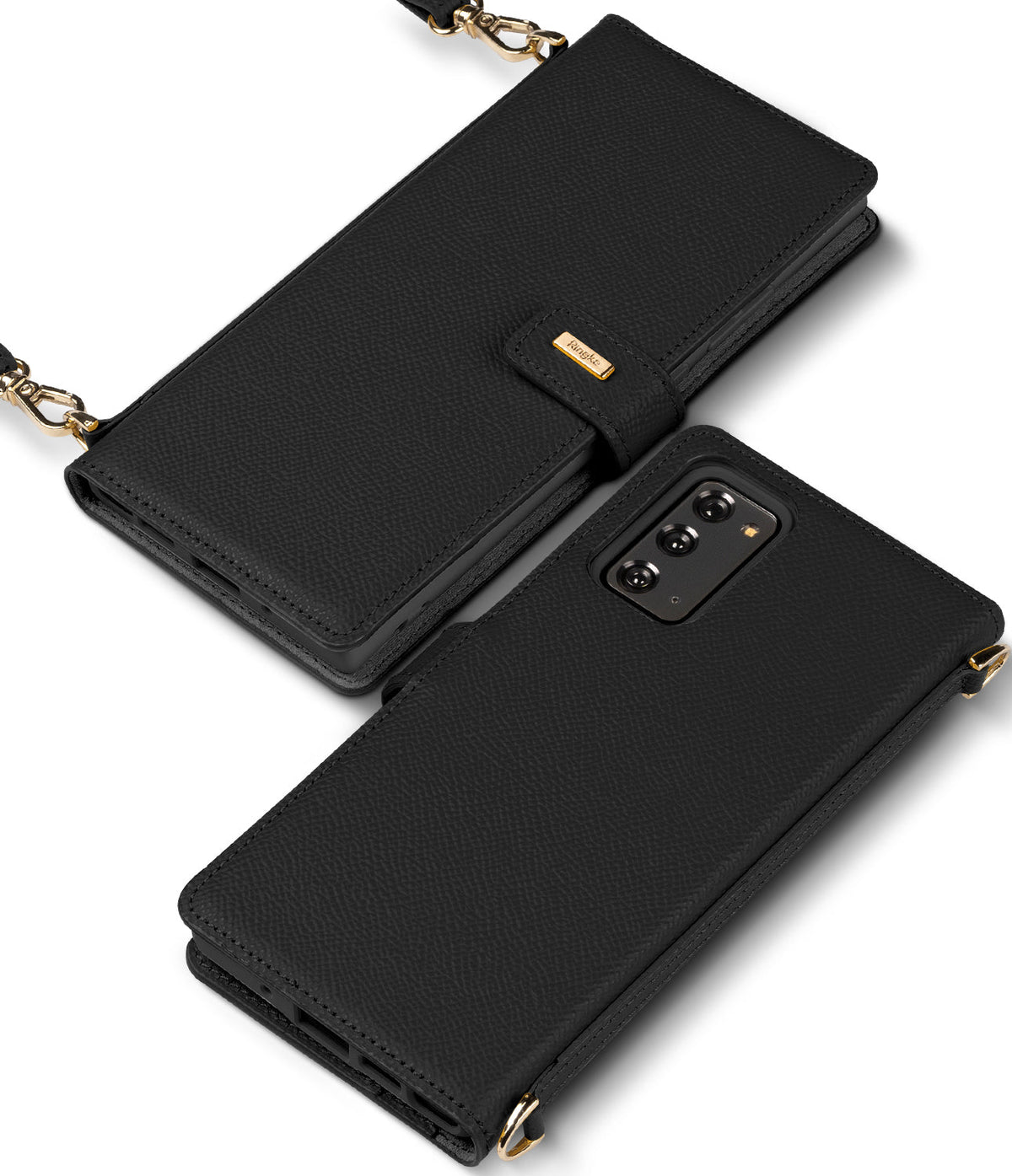 Galaxy Note 20 Case | Folio Signature Black - Two black textured leather folio cases with gold accents and straps.