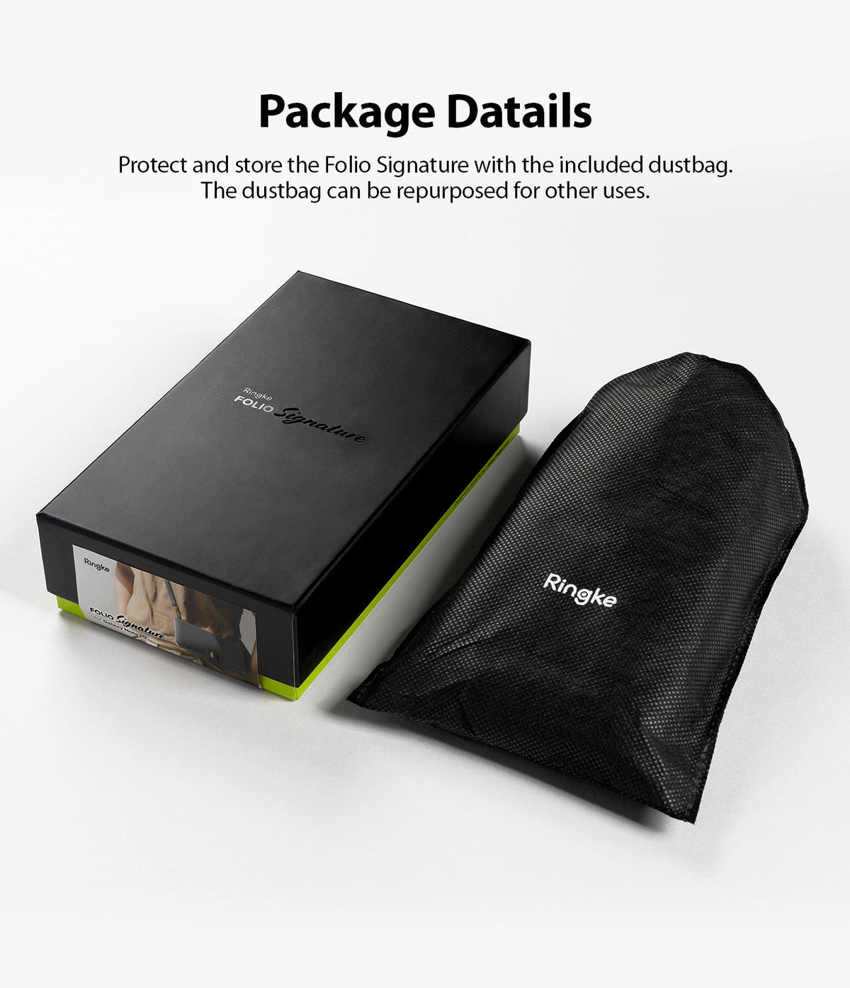 Galaxy Note 20 Case | Folio Signature Black - Black product box and a black mesh dustbag with Ringke logo branding.