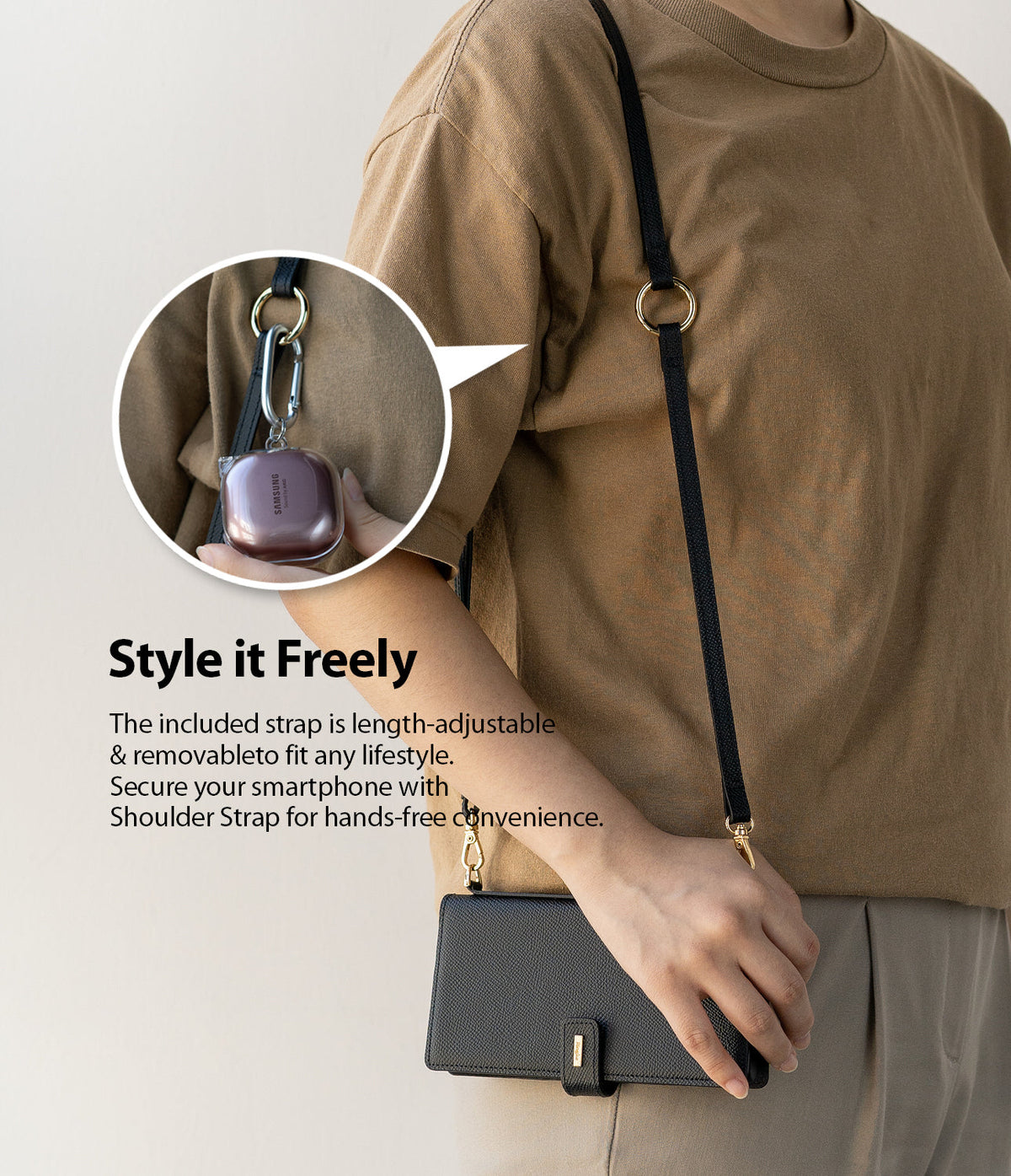 Galaxy Note 20 Case | Folio Signature Black - Person wearing a black crossbody phone case with a detachable strap.