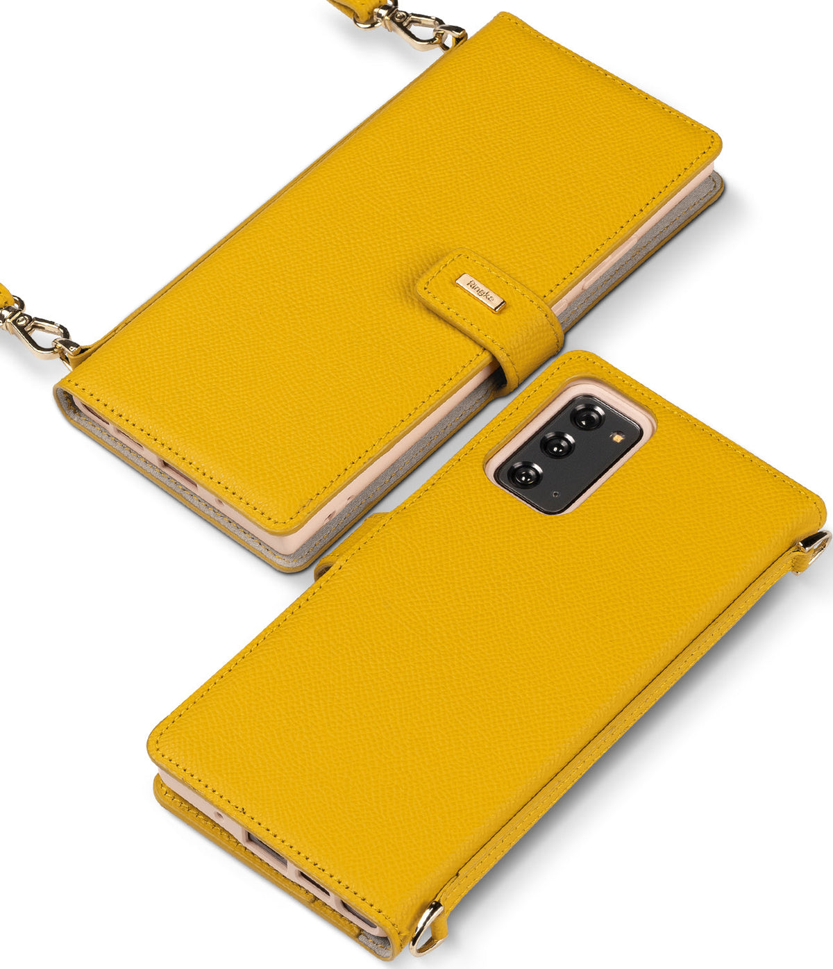 Galaxy Note 20 Case | Folio Signature Yellow - Two yellow textured leather folio cases with gold hardware and straps.
