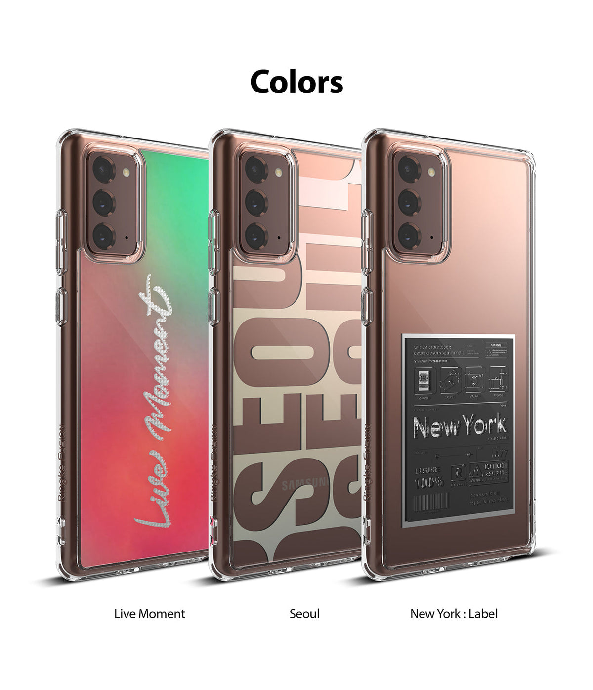 Galaxy Note 20 Case | Fusion Design - Three clear phone cases with Live Moment, Seoul, and New York label designs.