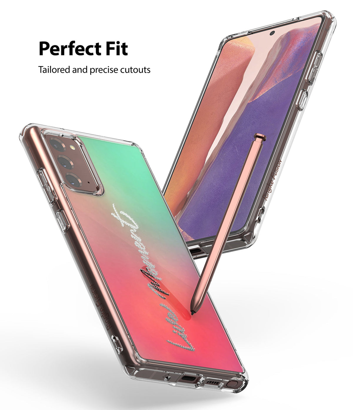 Galaxy Note 20 Case | Fusion Design - Two Galaxy Note 20 phones in clear cases with a stylus pen, showcasing precise cutouts.