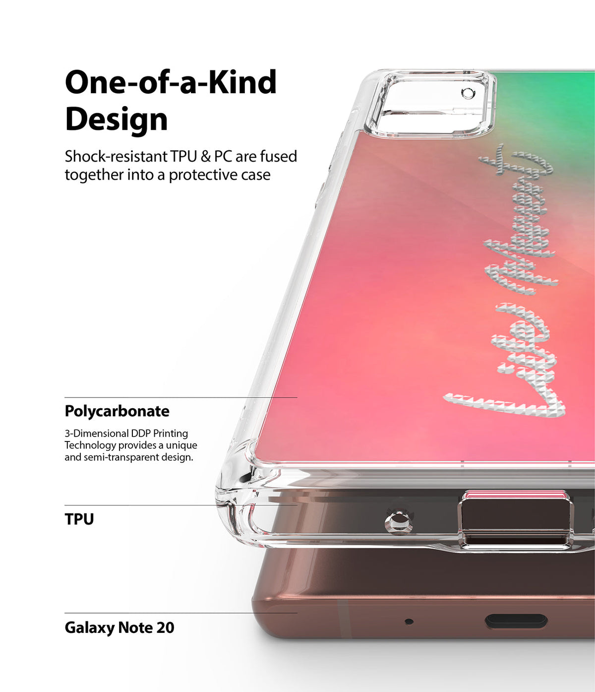 Galaxy Note 20 Case | Fusion Design - Clear phone case with a pink-to-green gradient and textured script text on a Galaxy Note 20.