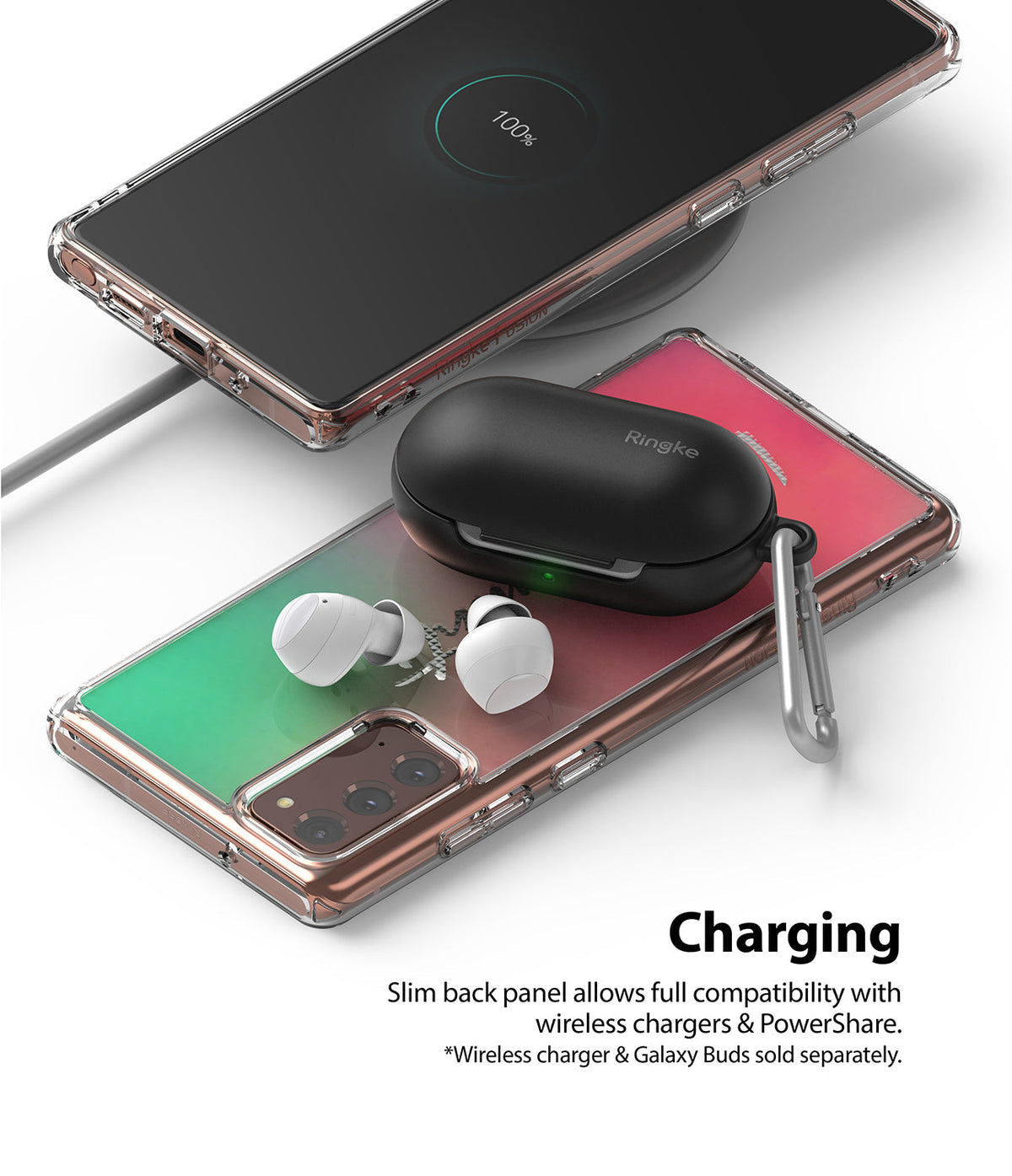 Galaxy Note 20 Case | Fusion Design - Clear phone case on a wireless charger with earbuds charging on the back.