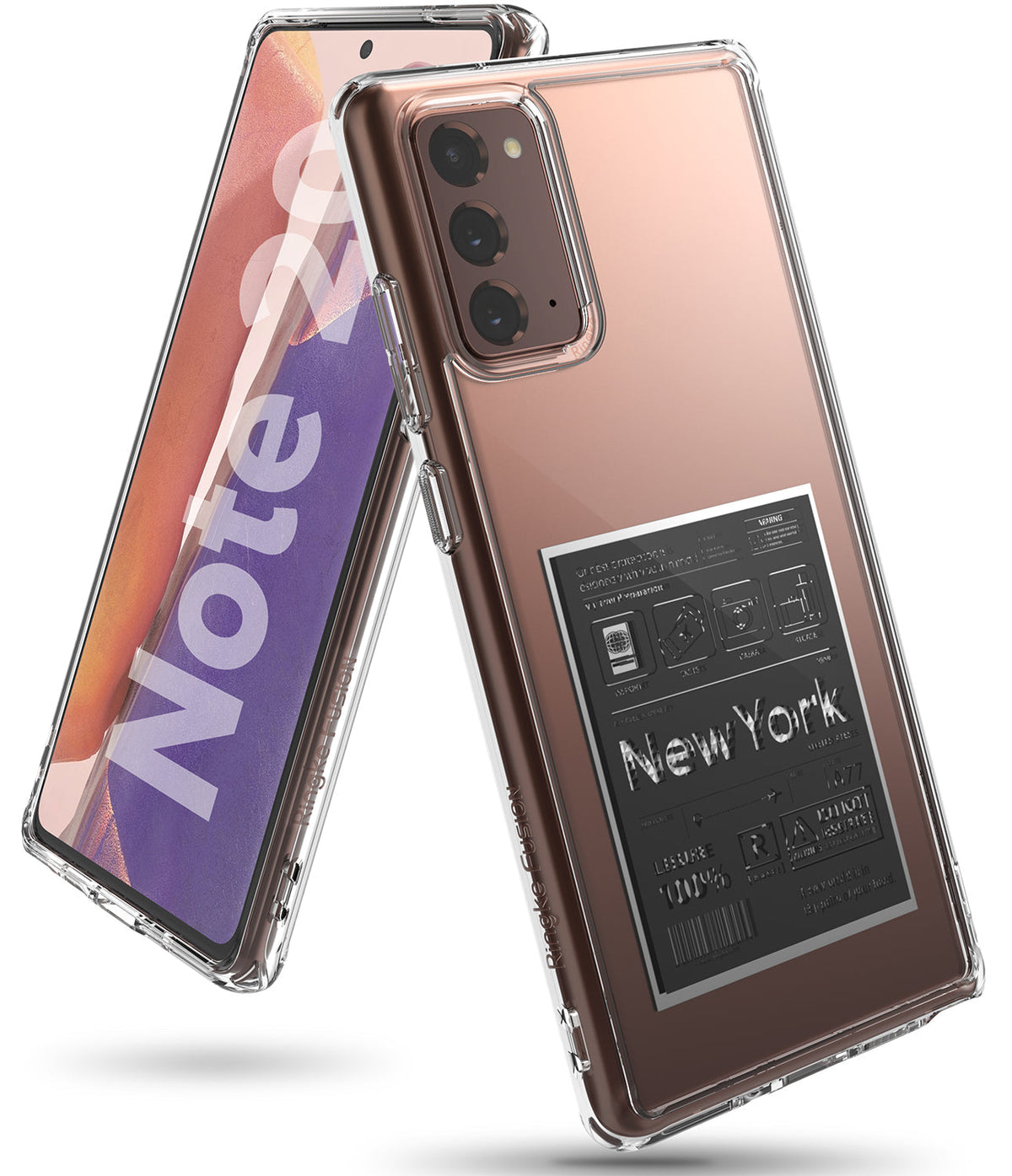 Galaxy Note 20 Case | Fusion Design - Clear phone case with a New York travel-themed graphic on a bronze Galaxy Note 20.