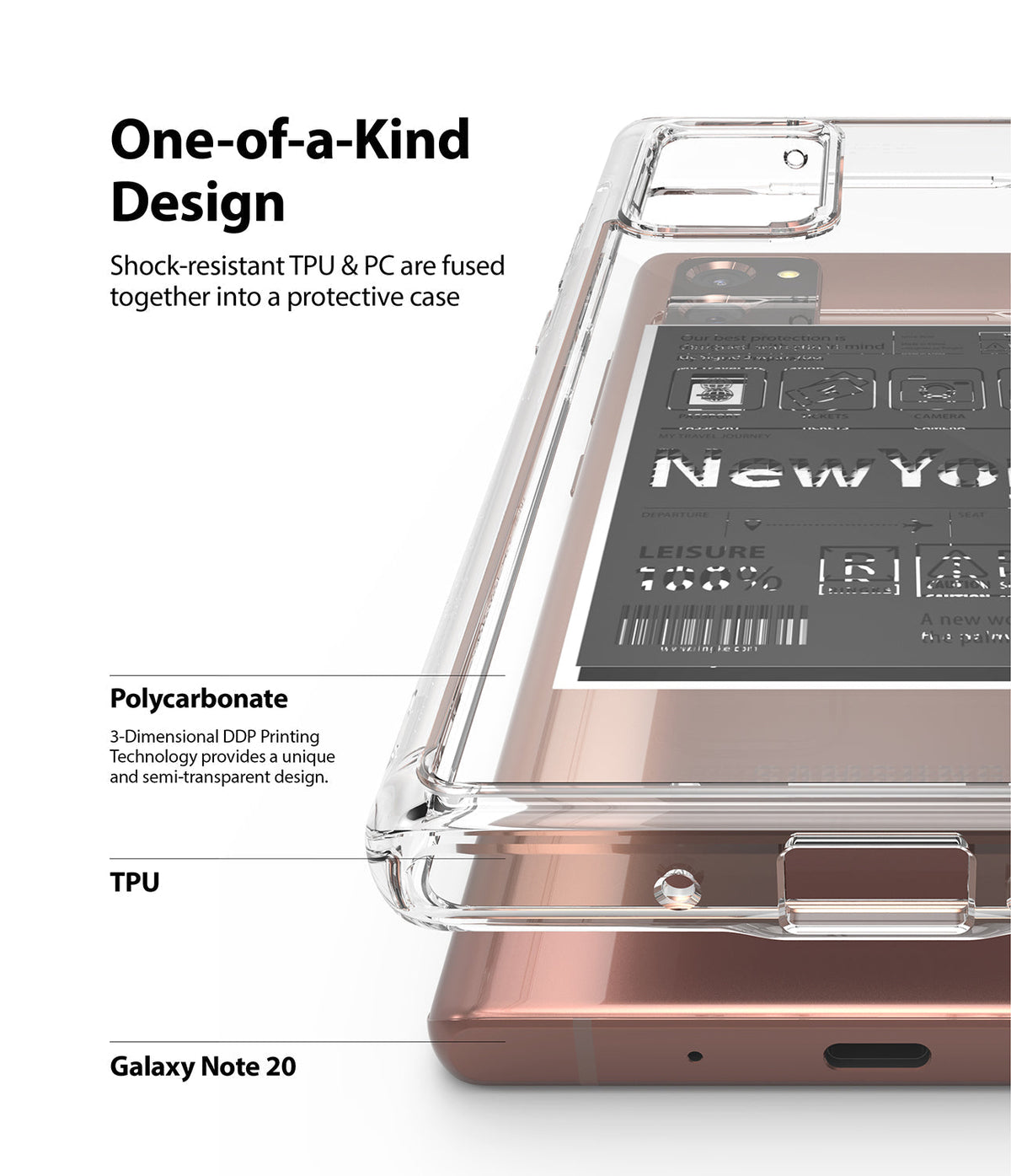 Galaxy Note 20 Case | Fusion Design - Clear protective case on a bronze Galaxy Note 20 with New York travel-themed graphics.