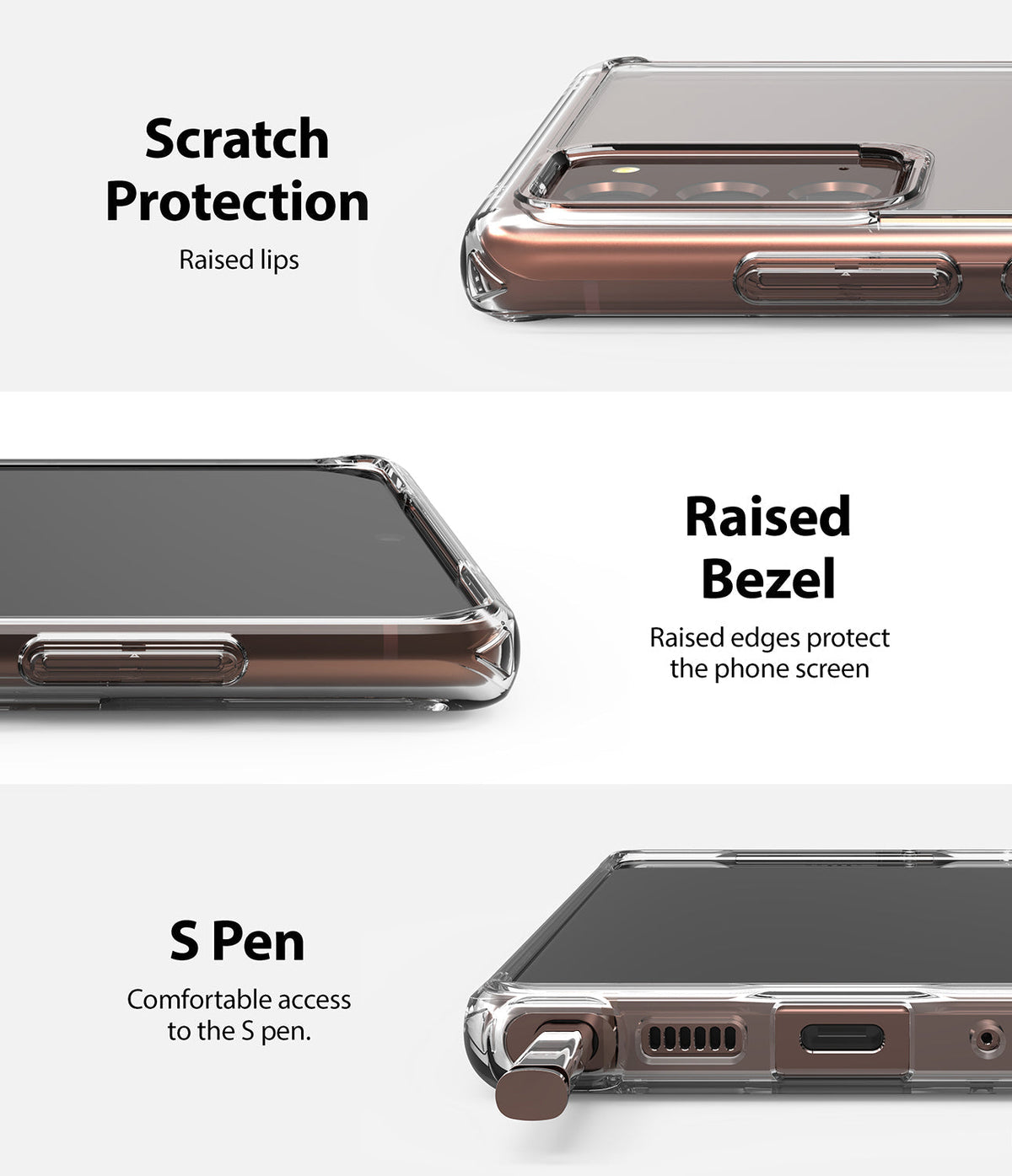 Galaxy Note 20 Case | Fusion Design - Three views showing raised lips, screen bezels, and S Pen access on a clear phone case.