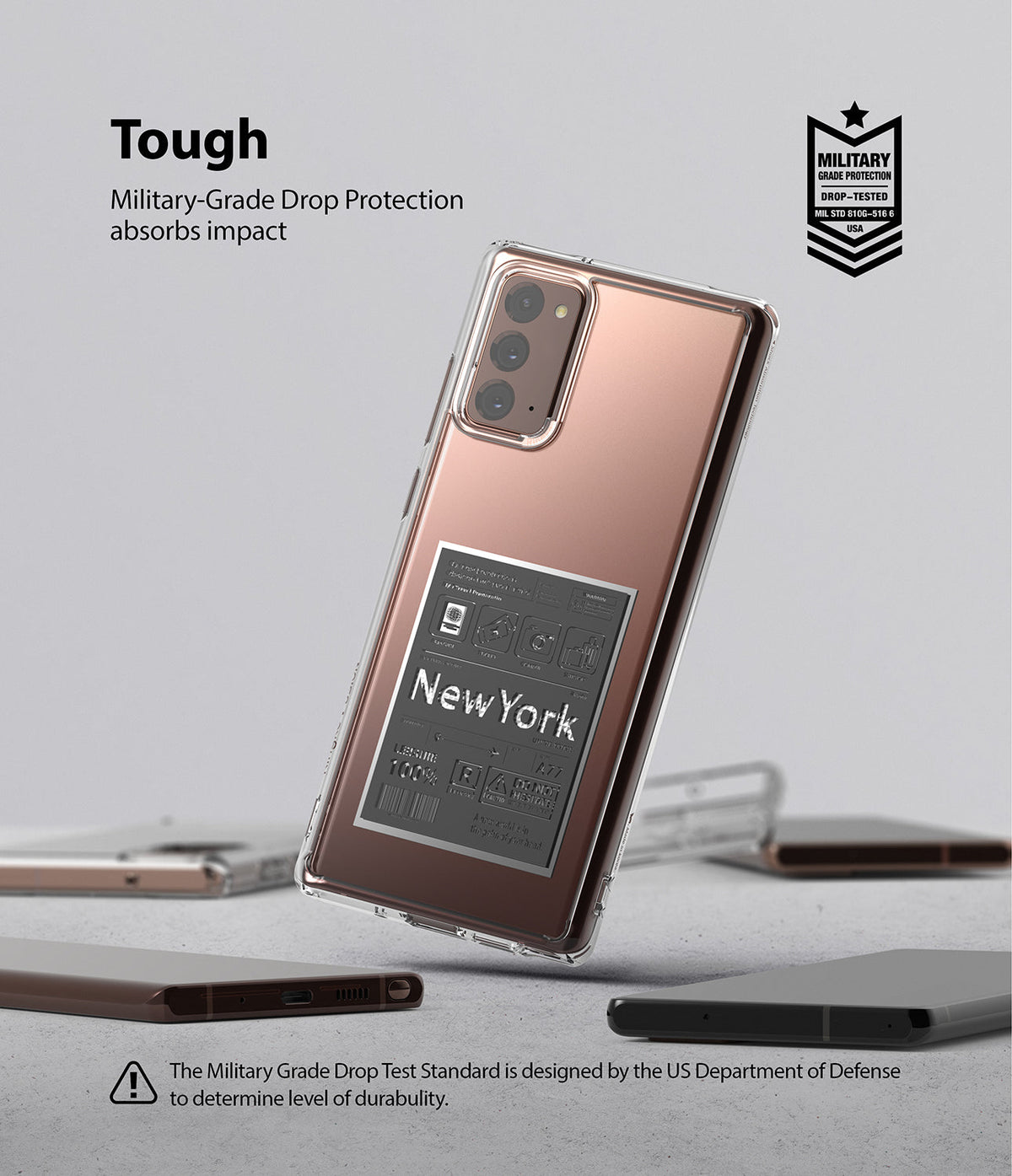 Galaxy Note 20 Case | Fusion Design - Bronze phone in a clear case with a New York luggage tag graphic and military-grade protection badge.
