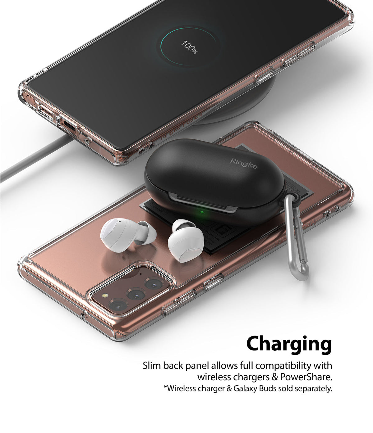 Galaxy Note 20 Case | Fusion Design - Phone in clear case wirelessly charging earbuds on its back panel.