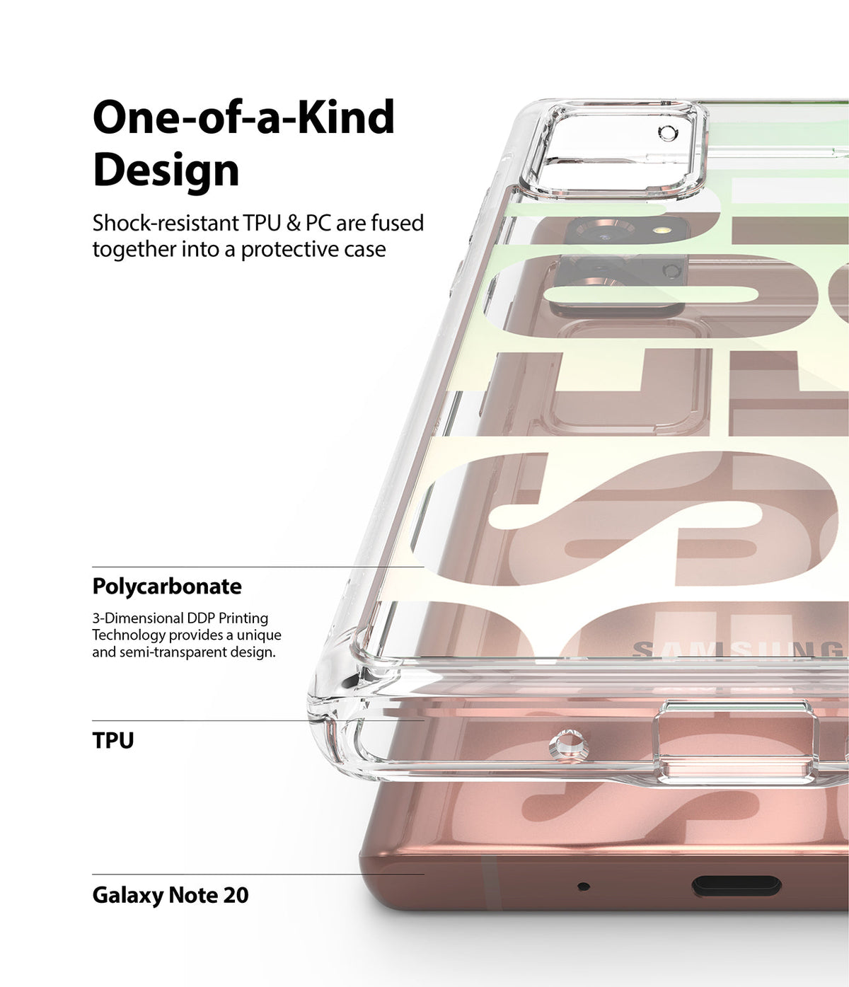 Galaxy Note 20 Case | Fusion Design - Clear phone case with printed design layered over a bronze Galaxy Note 20 phone.