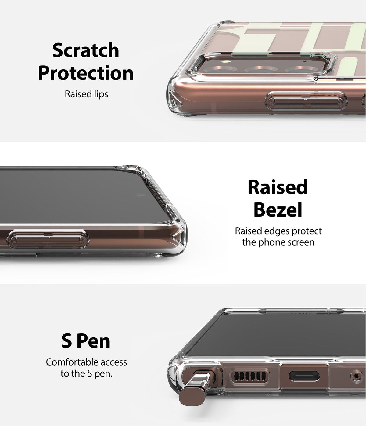 Galaxy Note 20 Case | Fusion Design - Three views showing raised lips for camera, screen protection, and S Pen access.