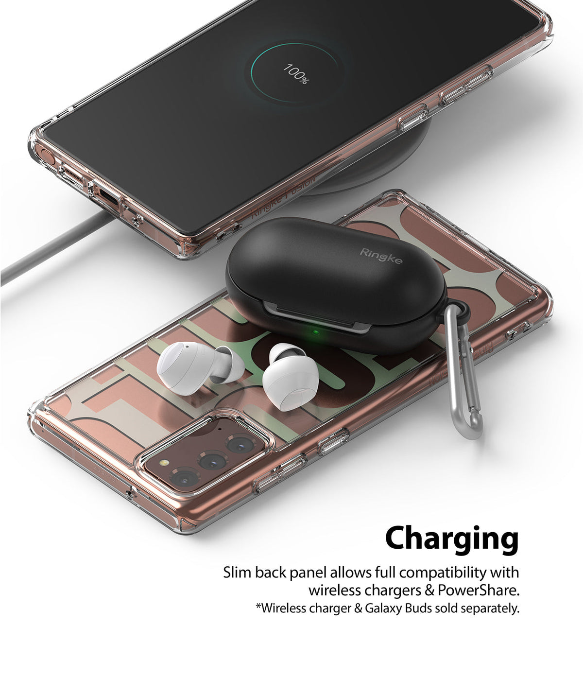 Galaxy Note 20 Case | Fusion Design - A clear phone case on a wireless charger with earbuds charging on the back.