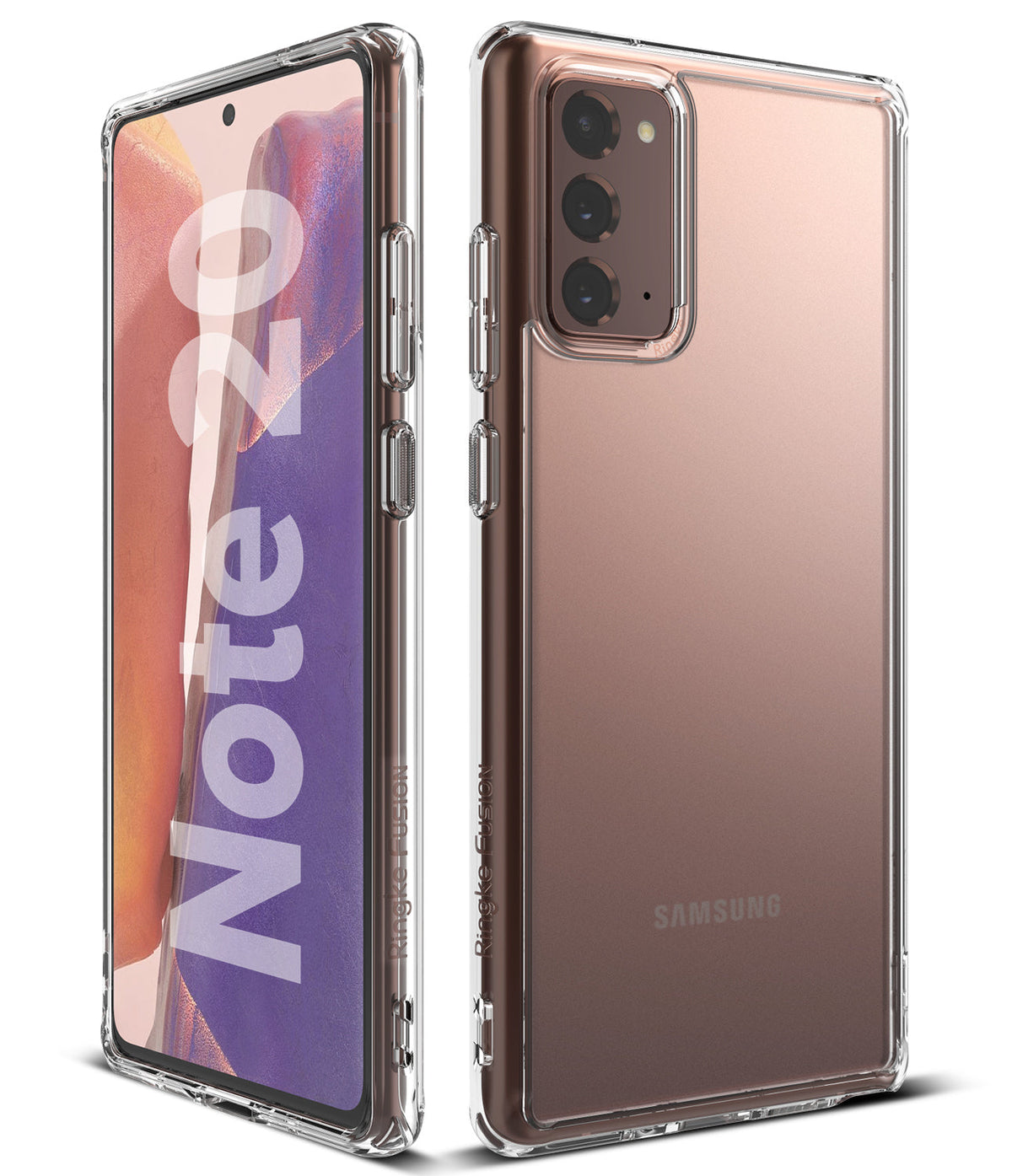 Galaxy Note 20 Case | Fusion Matte - Front and back views of a rose gold Samsung phone in a clear, matte protective case.