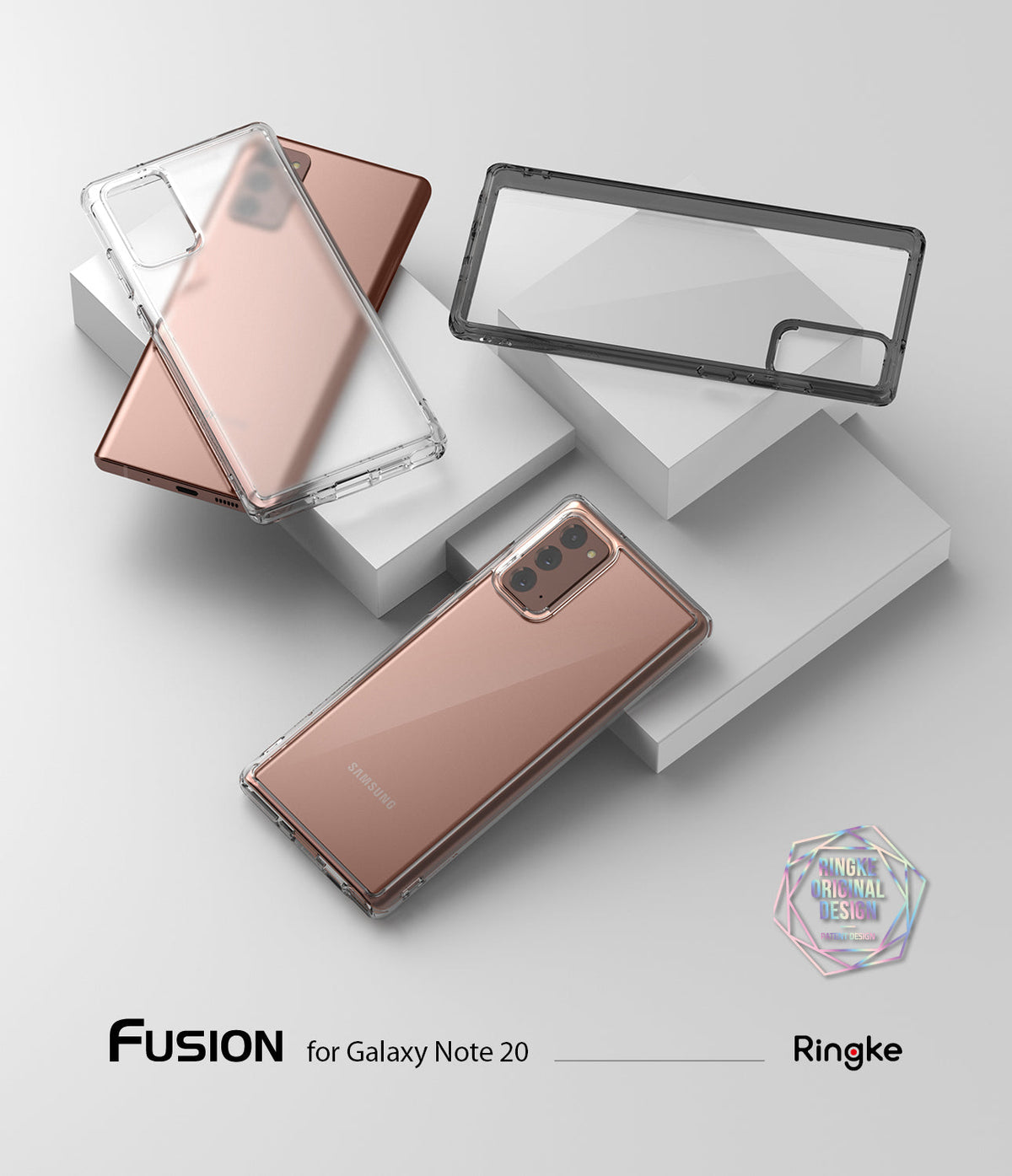 Galaxy Note 20 Case | Fusion Matte - Bronze Galaxy Note 20 phones with clear and matte protective cases on white blocks.