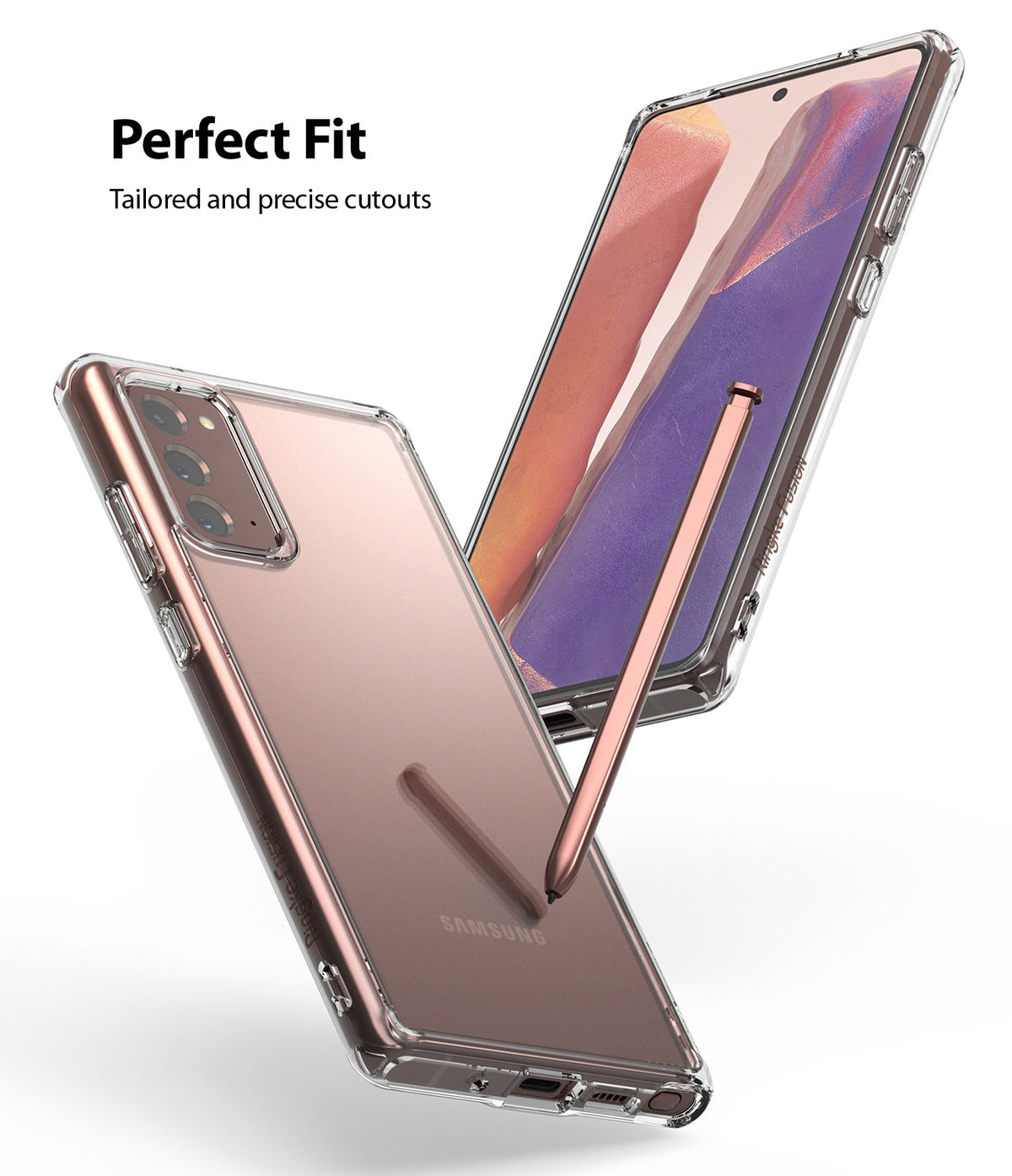 Galaxy Note 20 Case | Fusion Matte - Two views of a bronze Galaxy Note 20 in a clear matte case with a stylus pen.