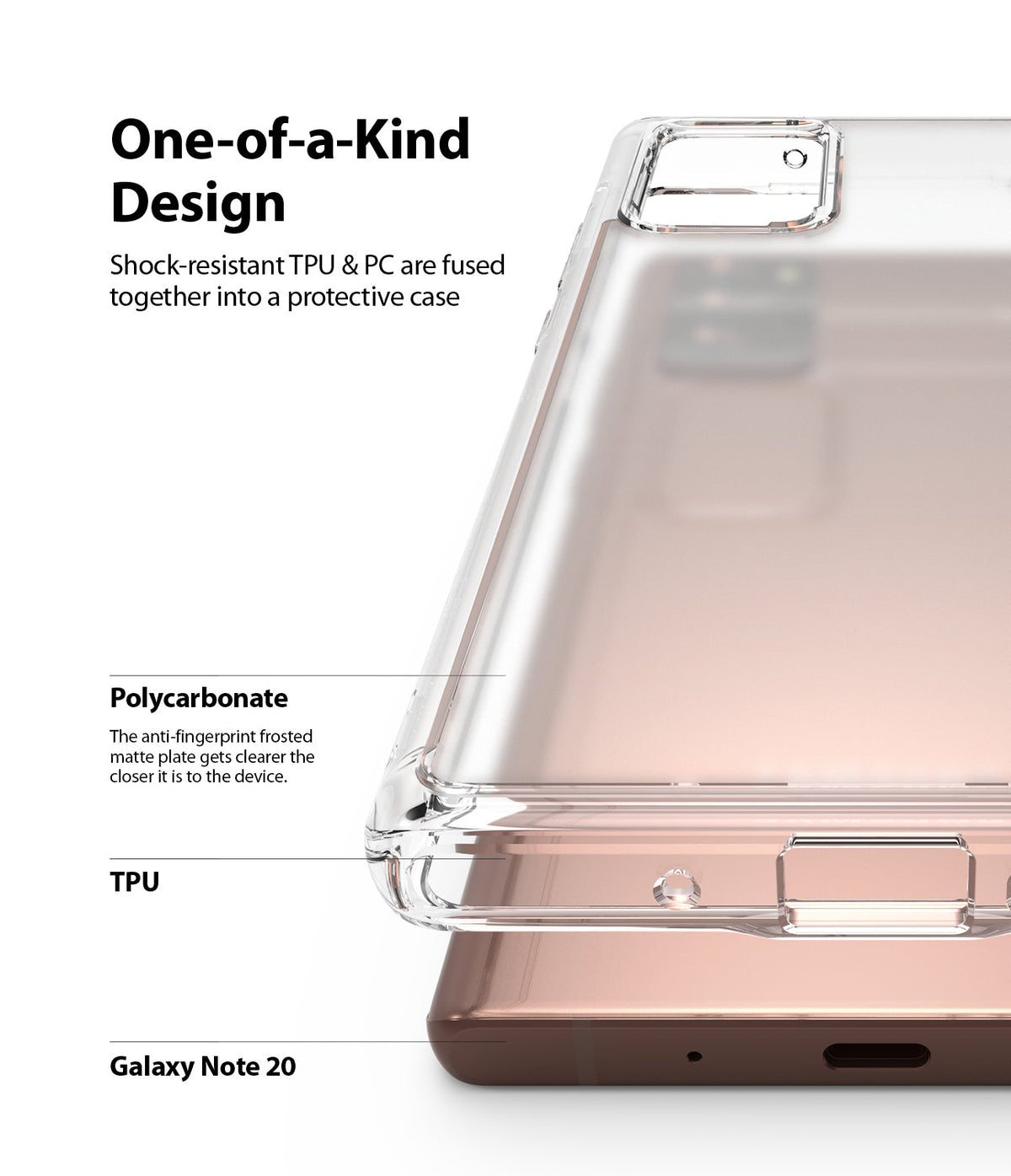 Galaxy Note 20 Case | Fusion Matte - Clear protective case with matte back and TPU frame shown on a bronze phone.