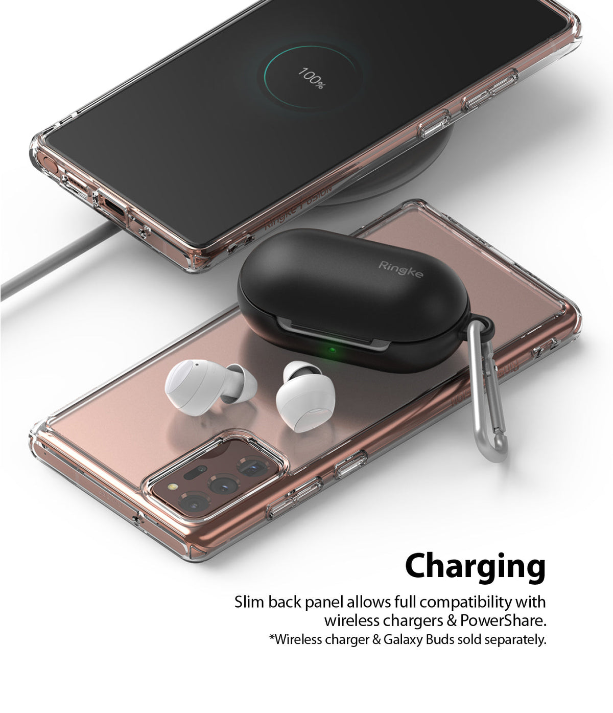 Galaxy Note 20 Case | Fusion Matte - Phone in clear case wirelessly charging earbuds on its back panel.