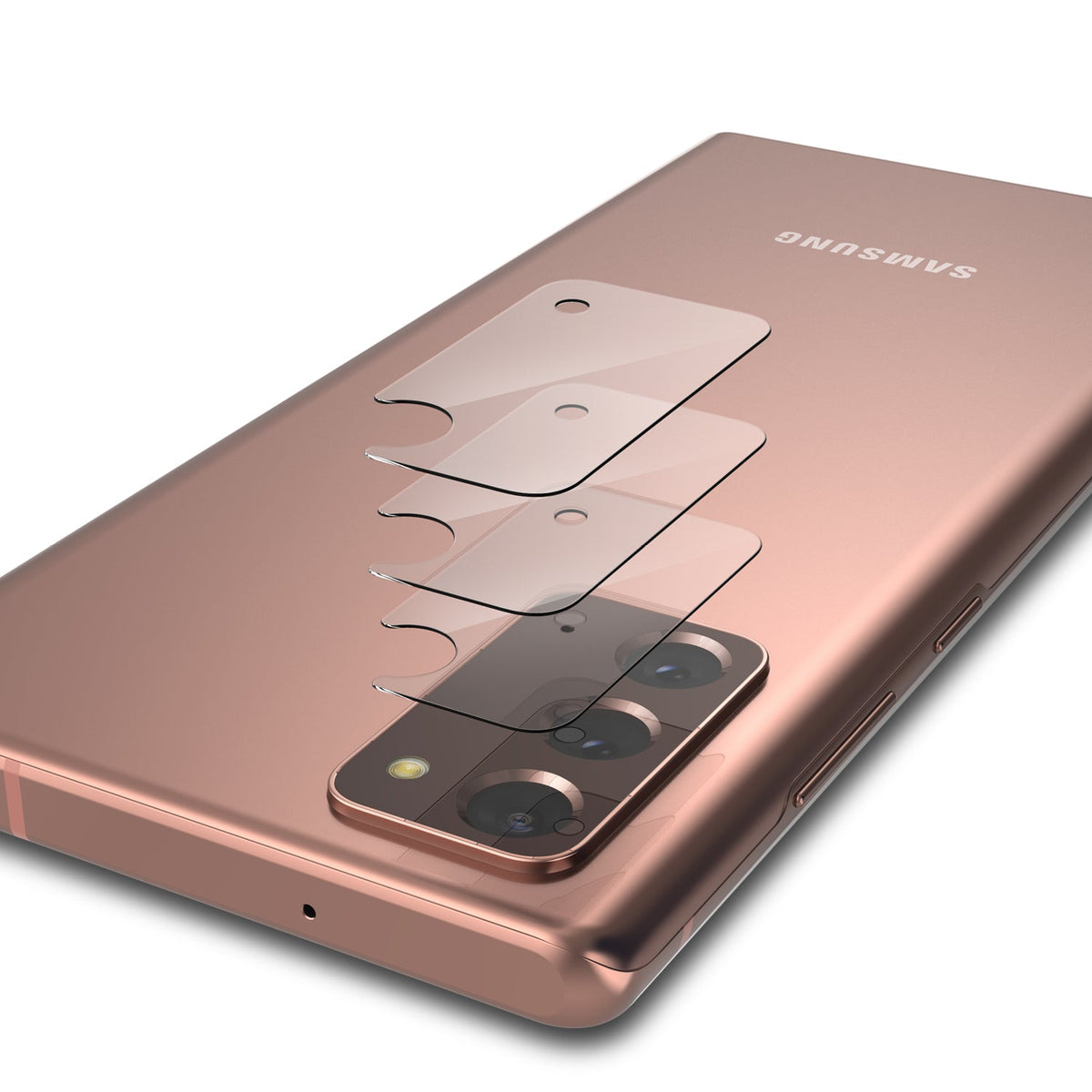 Galaxy Note 20 Camera Protector | Invisible Defender Glass - Three transparent glass protectors hovering over a bronze phone.