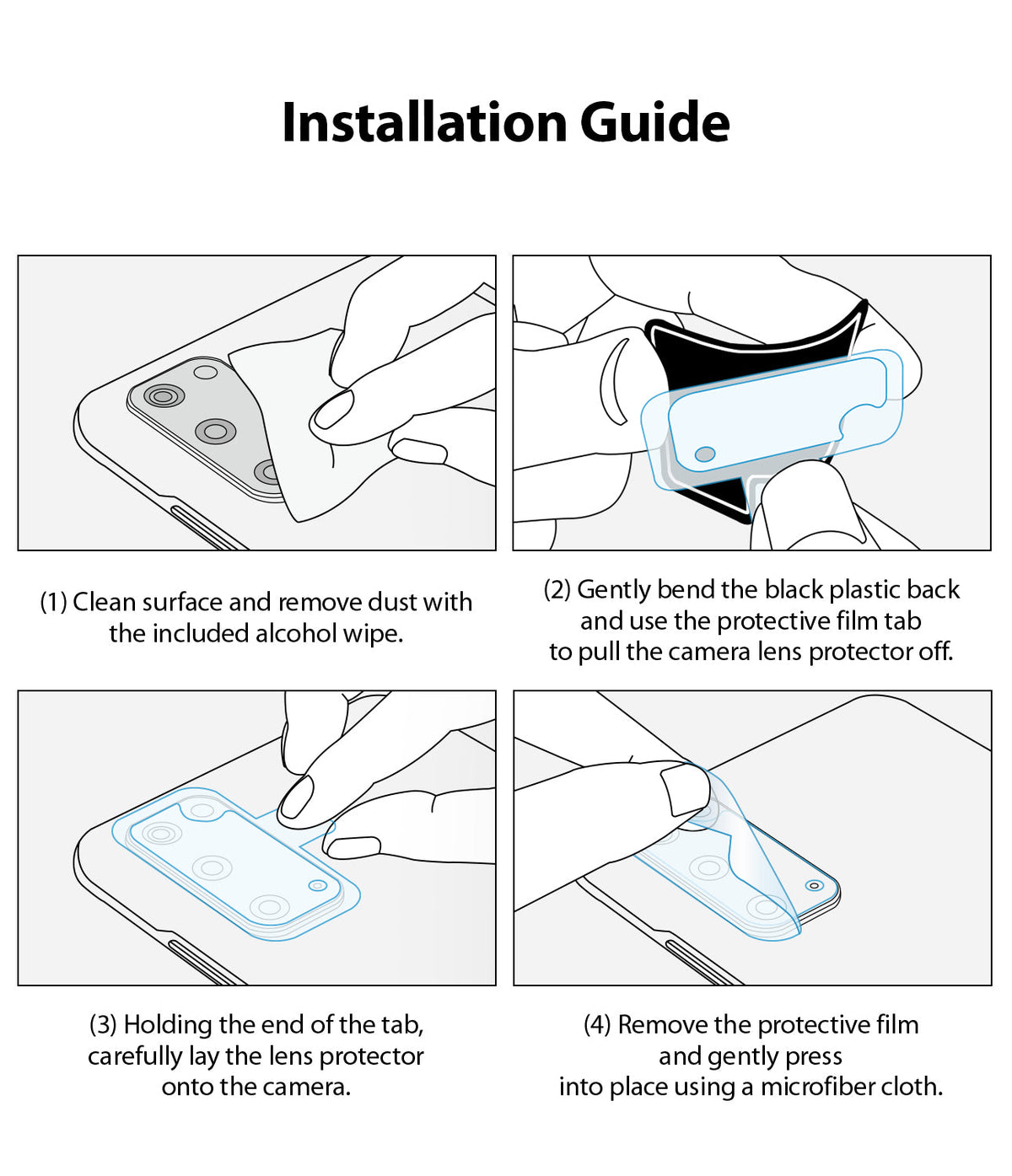 Galaxy Note 20 Camera Protector | Invisible Defender Glass - Four-step line art guide for installing a phone camera lens protector.