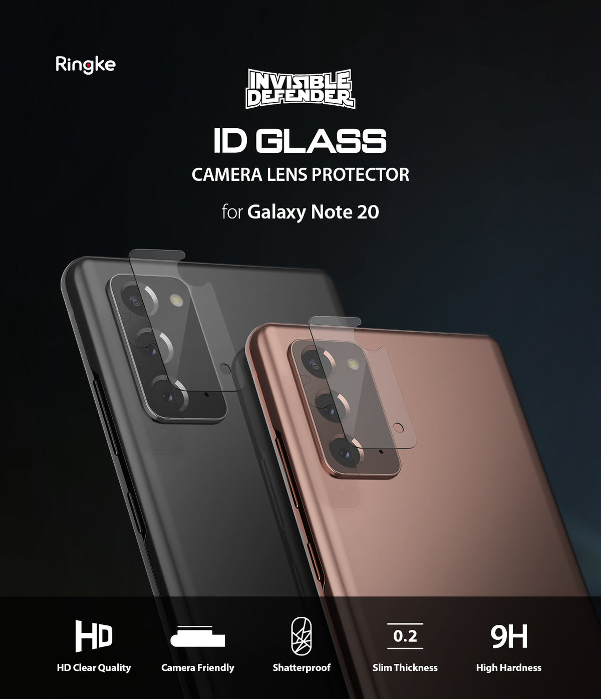 Galaxy Note 20 Camera Protector | Invisible Defender Glass - Galaxy Note 20 Camera Protector - Two Galaxy Note 20 phones with transparent glass camera lens protectors applied.