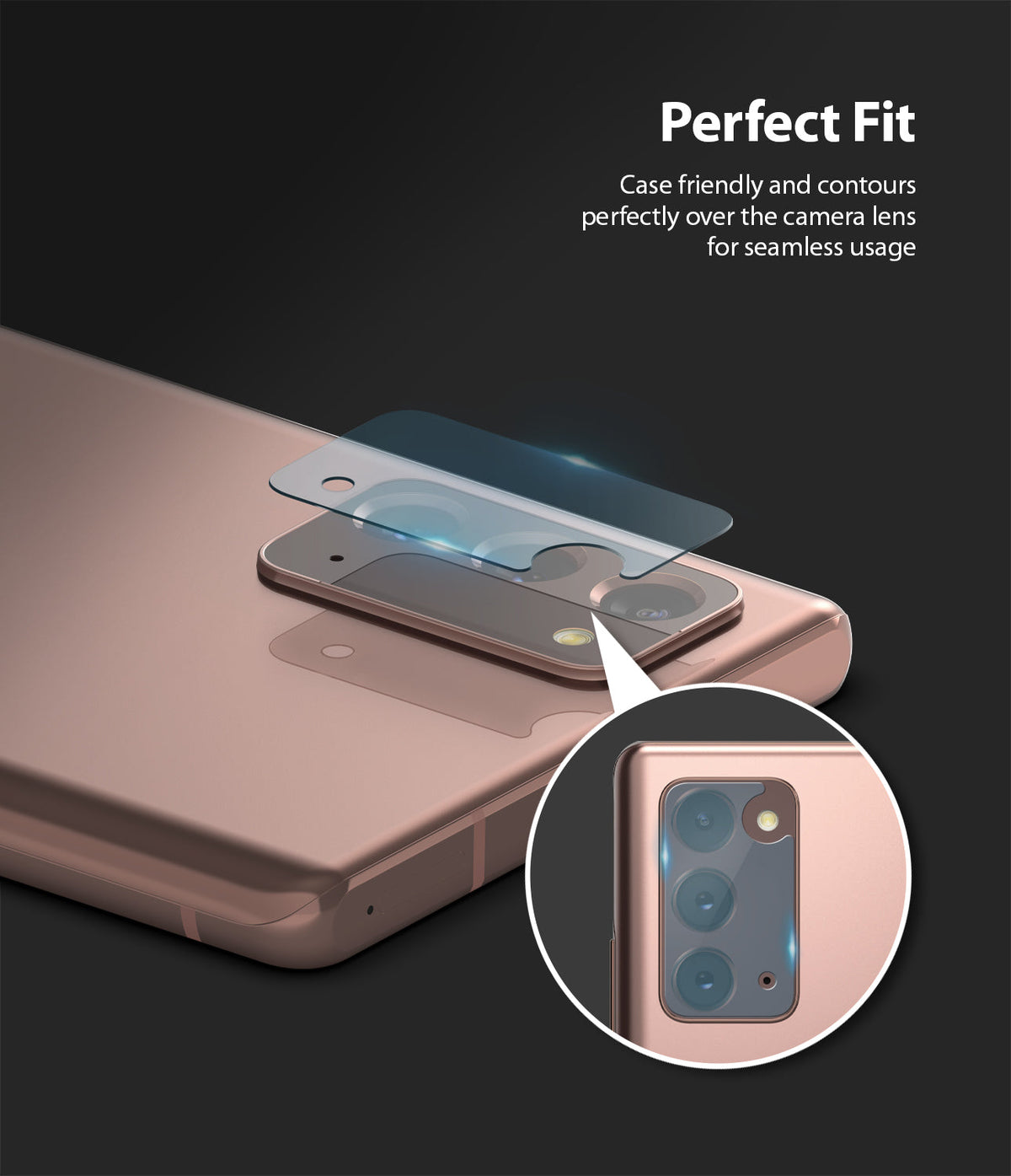 Galaxy Note 20 Camera Protector | Invisible Defender Glass - Galaxy Note 20 Camera Protector - Glass lens cover hovering above a bronze smartphone camera module with a zoomed inset.