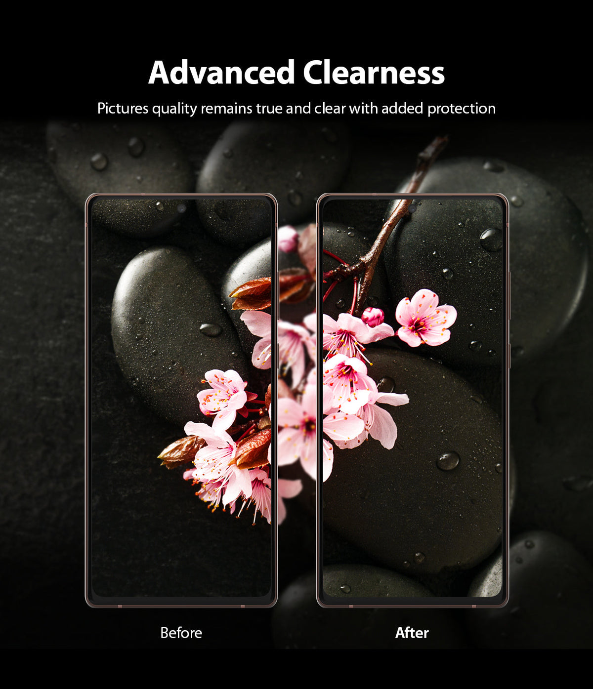 Galaxy Note 20 Camera Protector | Invisible Defender Glass - Galaxy Note 20 Camera Protector - Comparison showing clear, sharp photo quality of pink flowers on black stones.