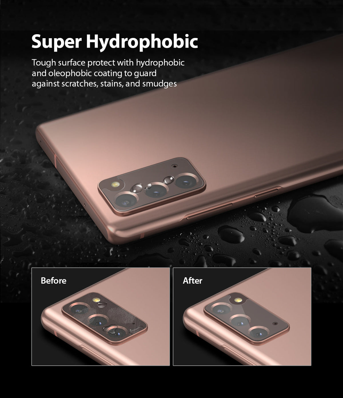 Galaxy Note 20 Camera Protector | Invisible Defender Glass - Galaxy Note 20 Camera Protector - Bronze phone with water-repellent camera lens glass, showing before and after smudge test.