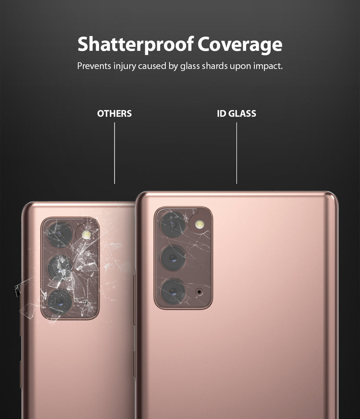 Galaxy Note 20 Camera Protector | Invisible Defender Glass - Comparison of shattered standard glass vs intact ID glass.