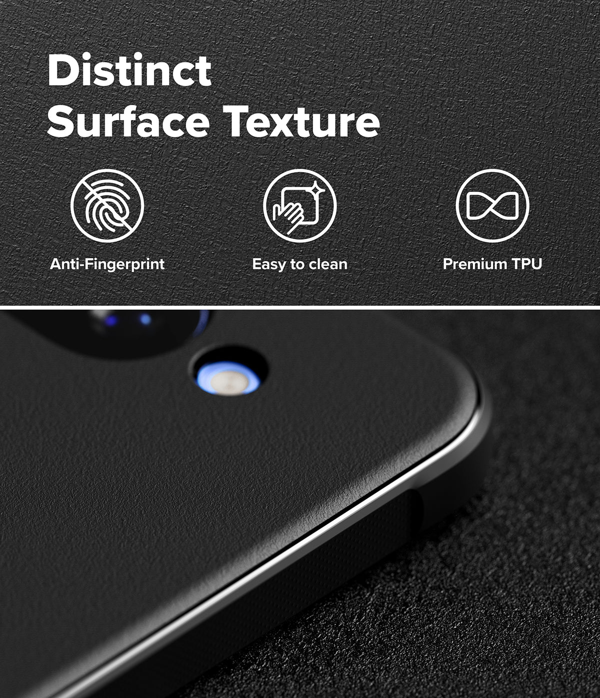 Google Pixel 10a Case | Onyx - Black phone case with textured surface, highlighting anti-fingerprint and easy-clean features.