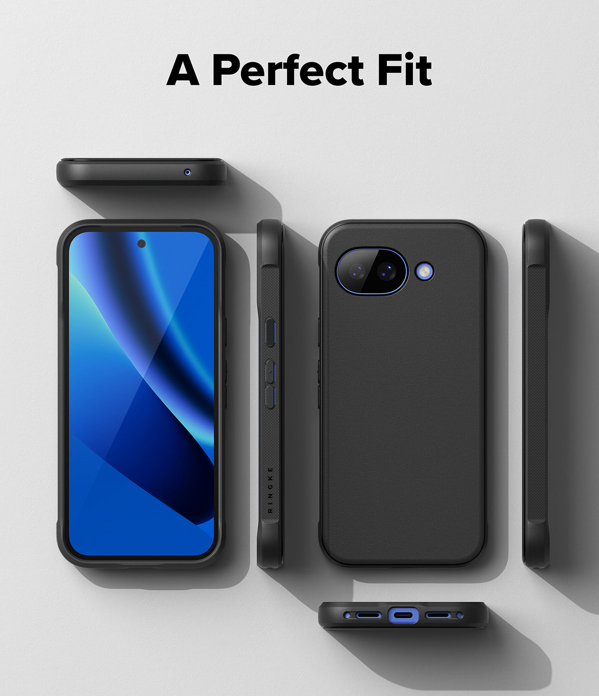 Google Pixel 10a Case | Onyx - Multiple views of a black phone case showing front, back, and side profiles on a gray background.