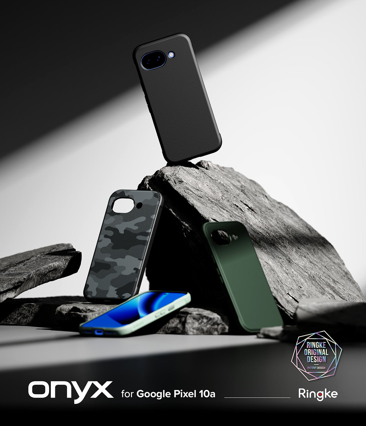 Google Pixel 10a Case | Onyx - Multiple Google Pixel 10a phone cases in black, camo, and green arranged on jagged rocks.