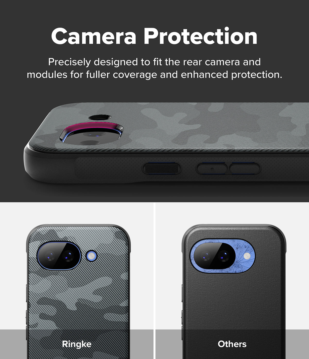 Google Pixel 10a Case | Onyx - Comparison showing the Onyx case's precise camera cutout versus a generic case's damage.