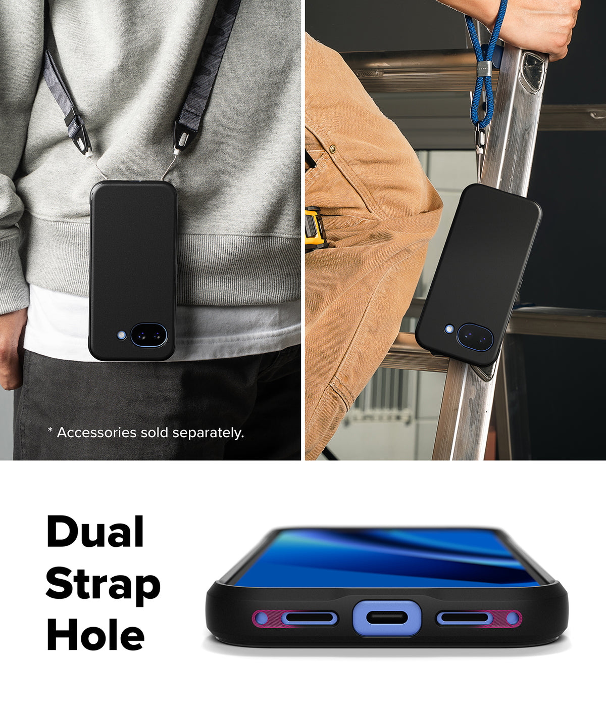 Google Pixel 10a Case | Onyx Magnetic - Black phone case with dual strap holes, shown worn with lanyards and bottom view.