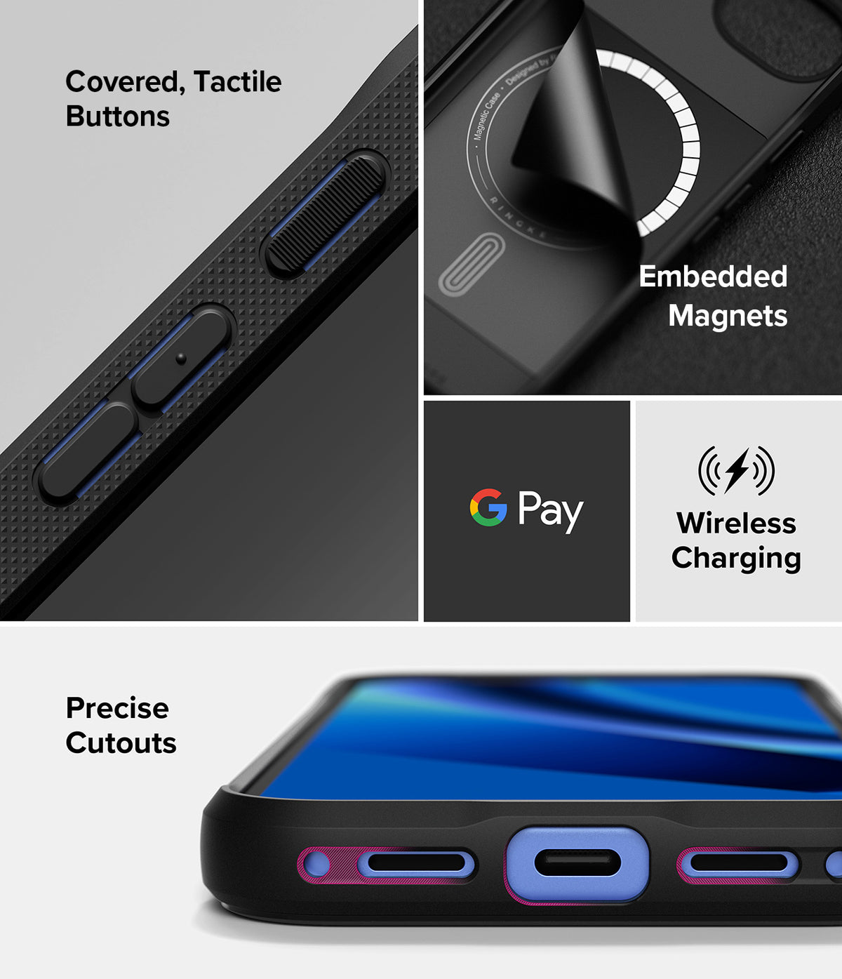 Google Pixel 10a Case | Onyx Magnetic - Close-up of tactile buttons, embedded magnets, G Pay, wireless charging, and precise port cutouts.