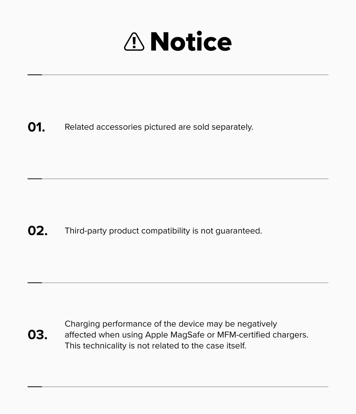 Google Pixel 10a Case | Onyx Magnetic - A notice listing three disclaimers regarding accessory compatibility and charging.