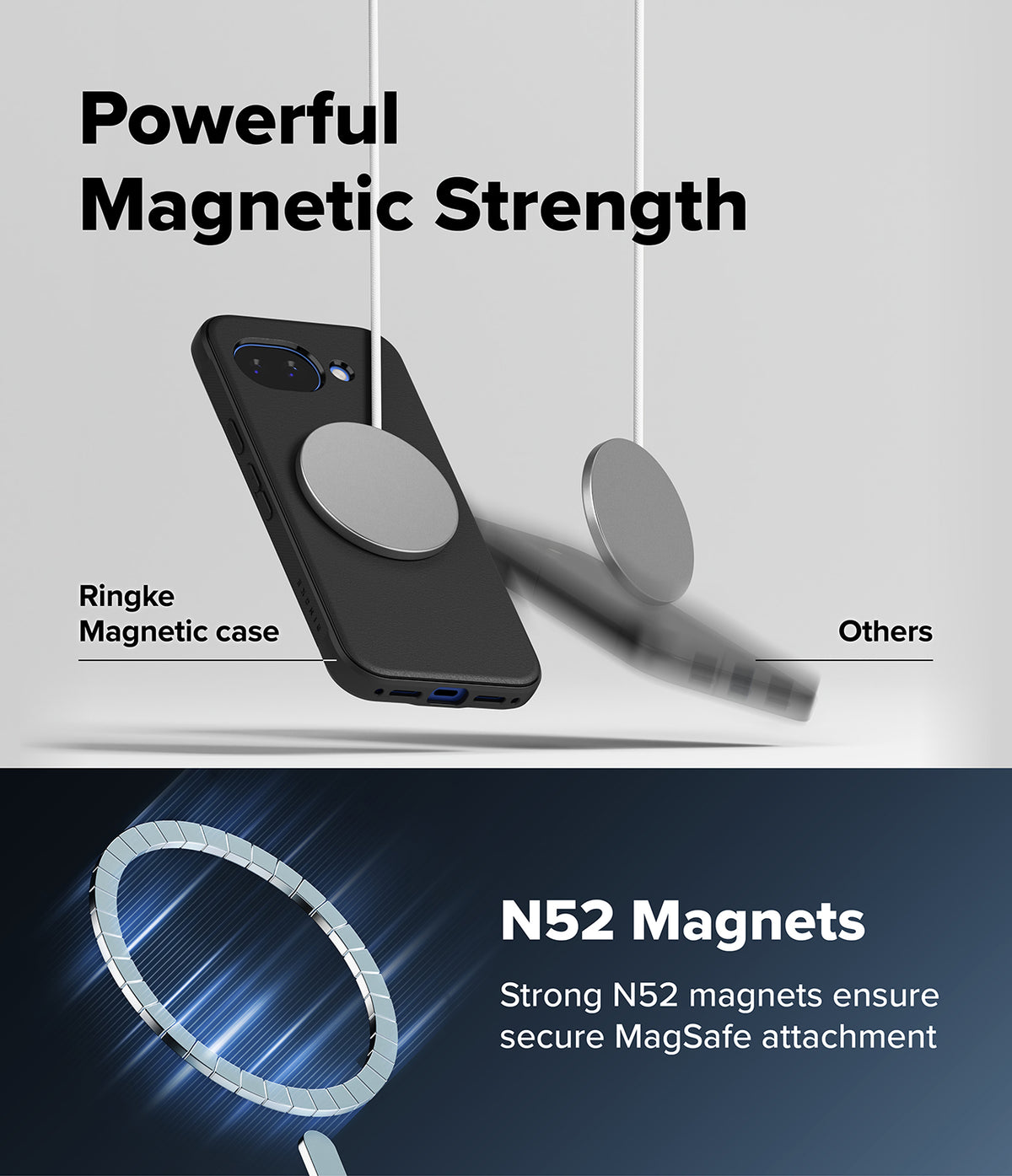Google Pixel 10a Case | Onyx Magnetic - A black phone case held by a magnet, contrasting with a falling phone, plus N52 magnets.